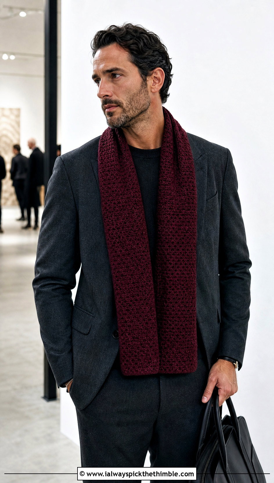 Moss Stitch Crochet Scarf With Monochrome Suit - 20 male crochet scarf outfit ideas