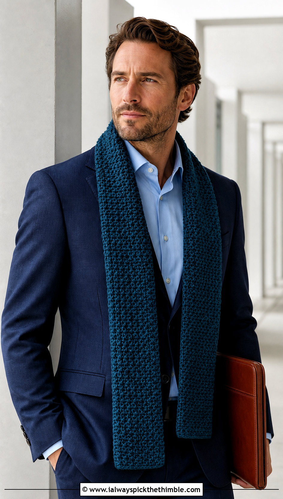 Moss Stitch Crochet Scarf With Navy Suit - 25 men's crochet scarf outfit ideas