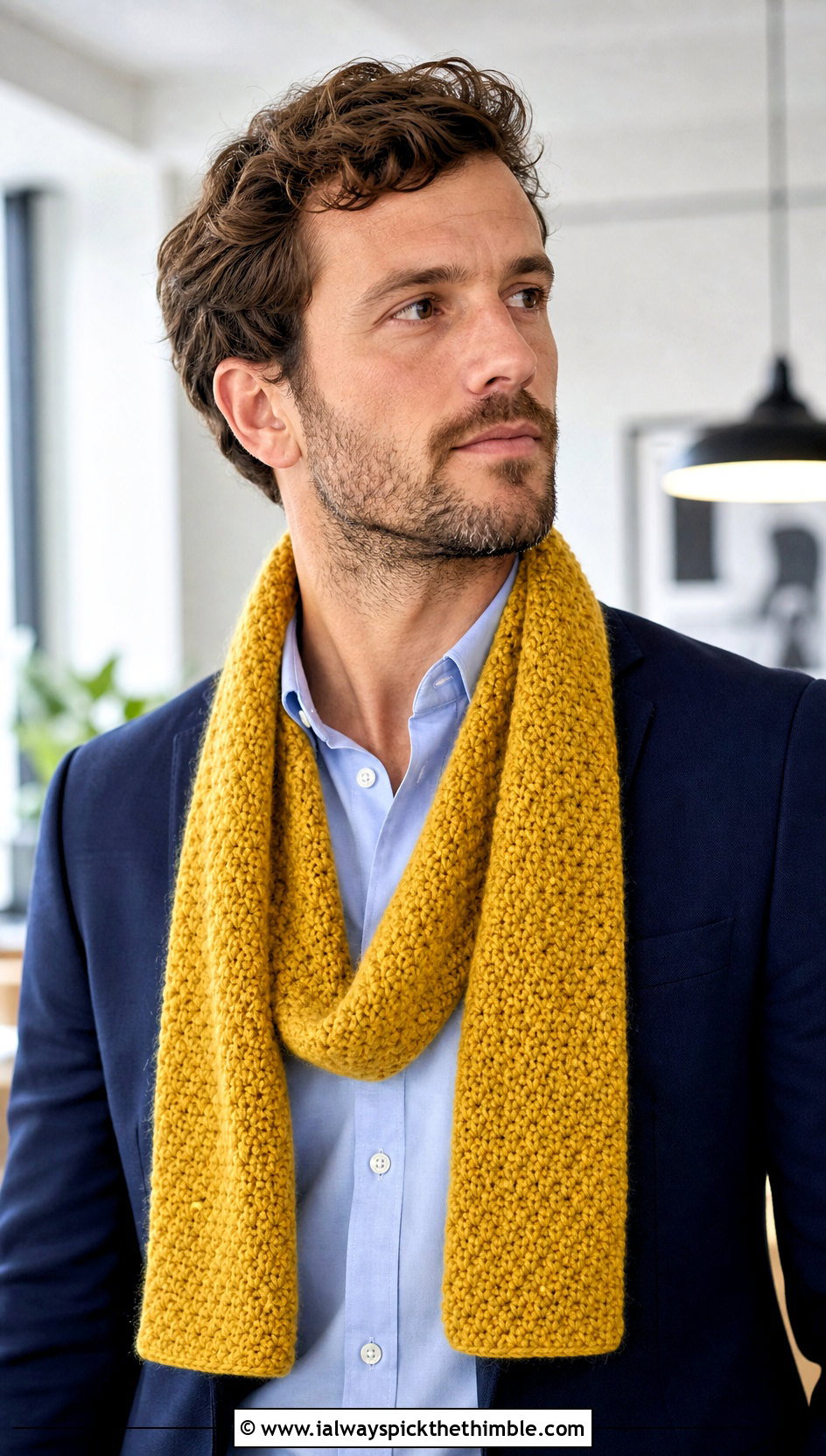 Moss Stitch Crochet Scarf With Office Suit - 25 men crochet scarf outfit ideas