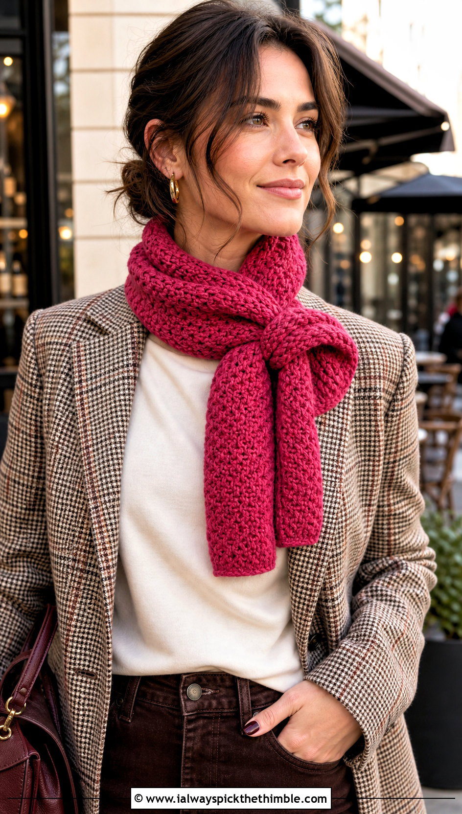 Moss Stitch Crochet Scarf With Plaid Blazer - 20 Crochet For Beginners Scarf outfit ideas