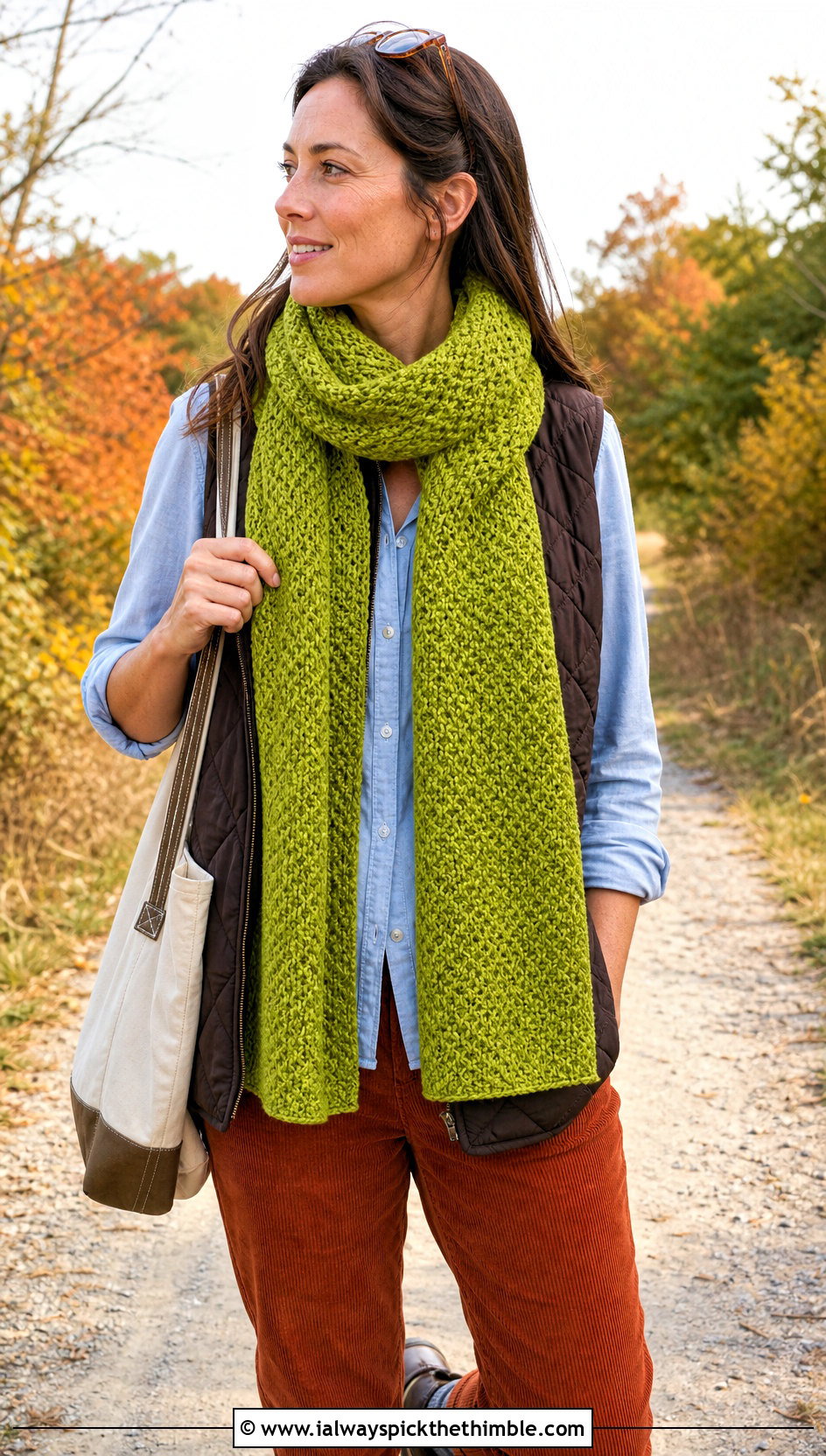 Moss Stitch Crochet Scarf With Quilted Vest - 20 wanderlust crochet scarf outfit ideas