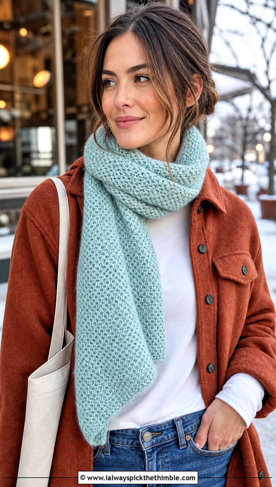 Moss Stitch Crochet Scarf With Shacket And Barrel Jeans - 25 Winter Crochet Scarfs For Women outfit ideas