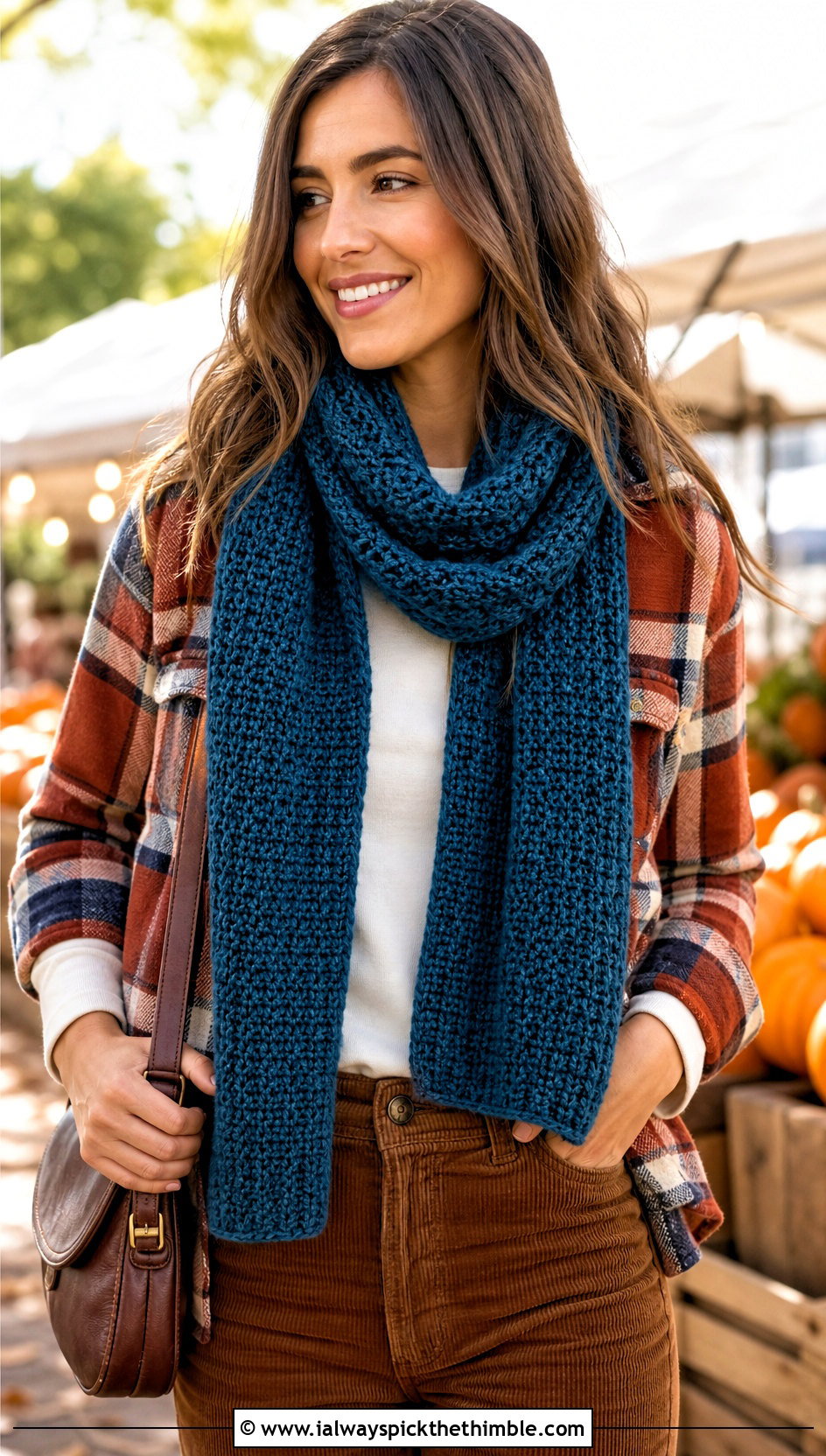 Moss Stitch Crochet Scarf With Shacket And Corduroy Pants - 25 simple crochet scarf outfit ideas
