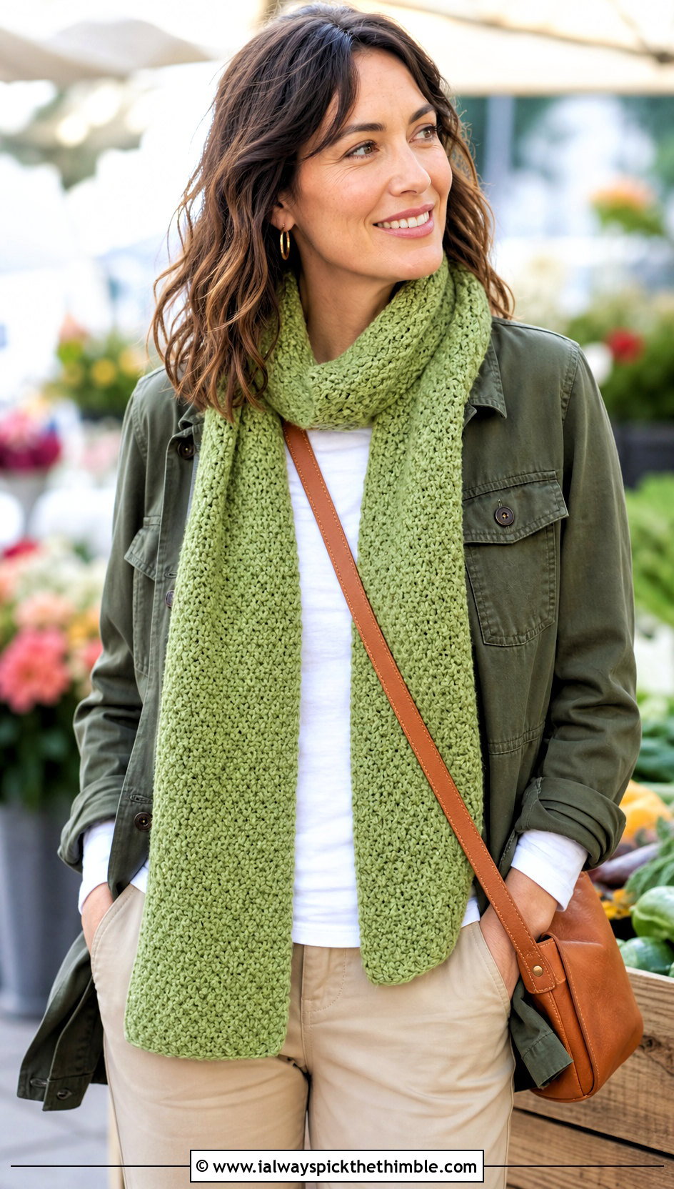 Moss Stitch Crochet Scarf With Utility Jacket And Chinos - 25 easy crochet scarf outfit ideas