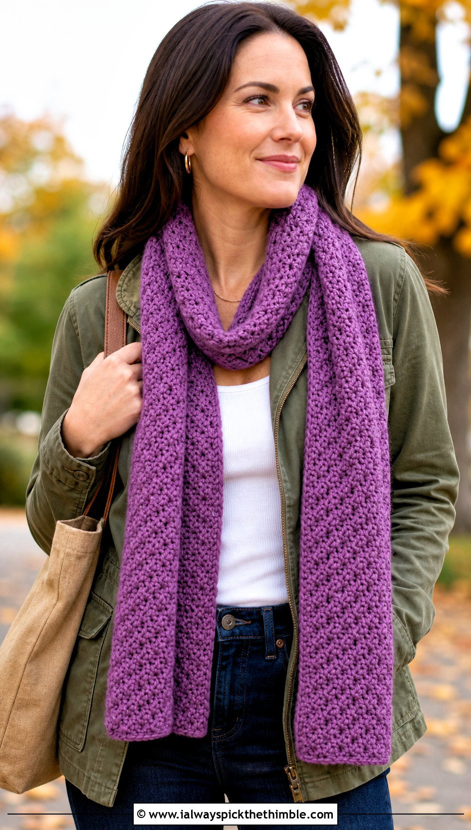 Moss Stitch Crochet Scarf With Utility Jacket - 25 easy one skein crochet scarf outfit ideas