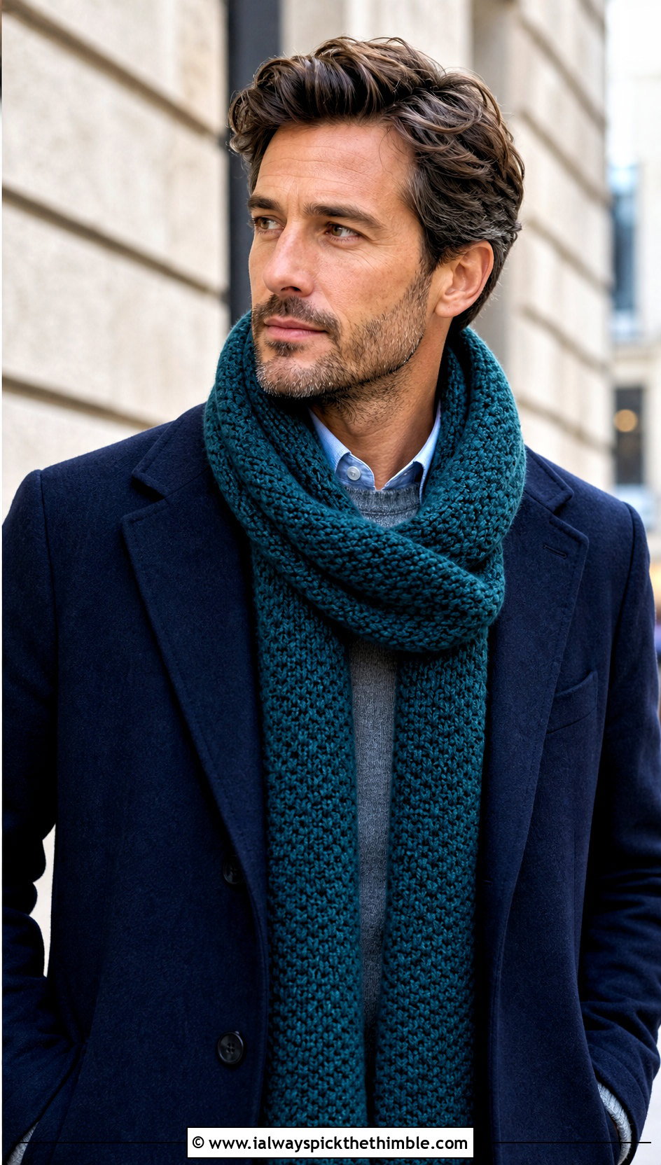 Moss Stitch Crochet Scarf With Wool Topcoat - 20 men's crocheted scarf outfit ideas