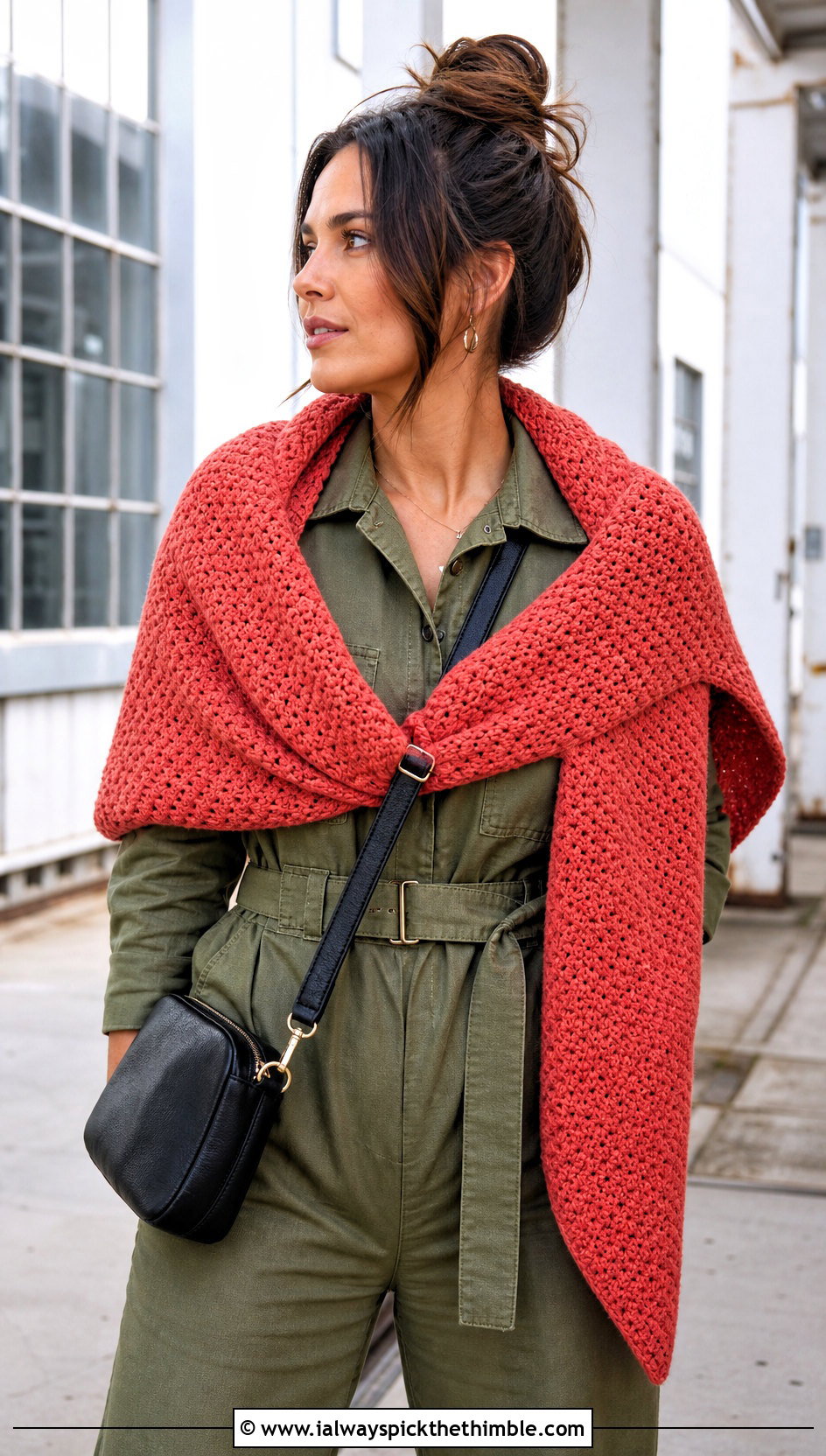 Moss Stitch Crochet Shawl With Utility Jumpsuit - 20 winter crochet shawl outfit ideas