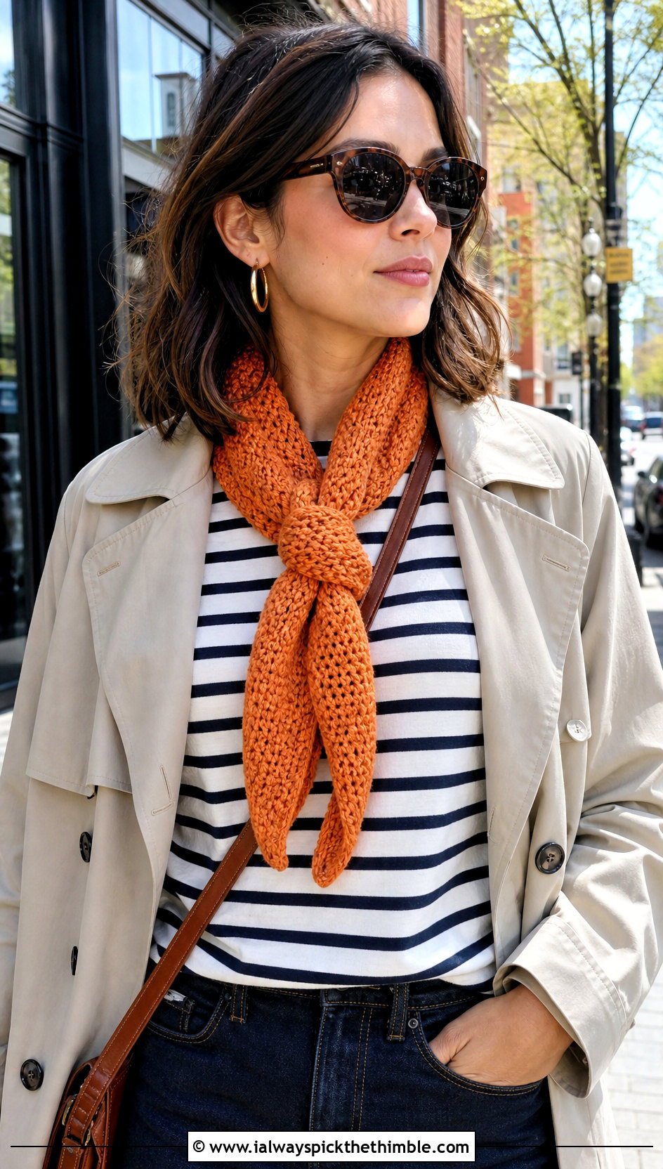 Moss Stitch Crochet Skinny Scarf With Trench Coat And Jeans - 20 Tiny Crochet Scarf outfit ideas
