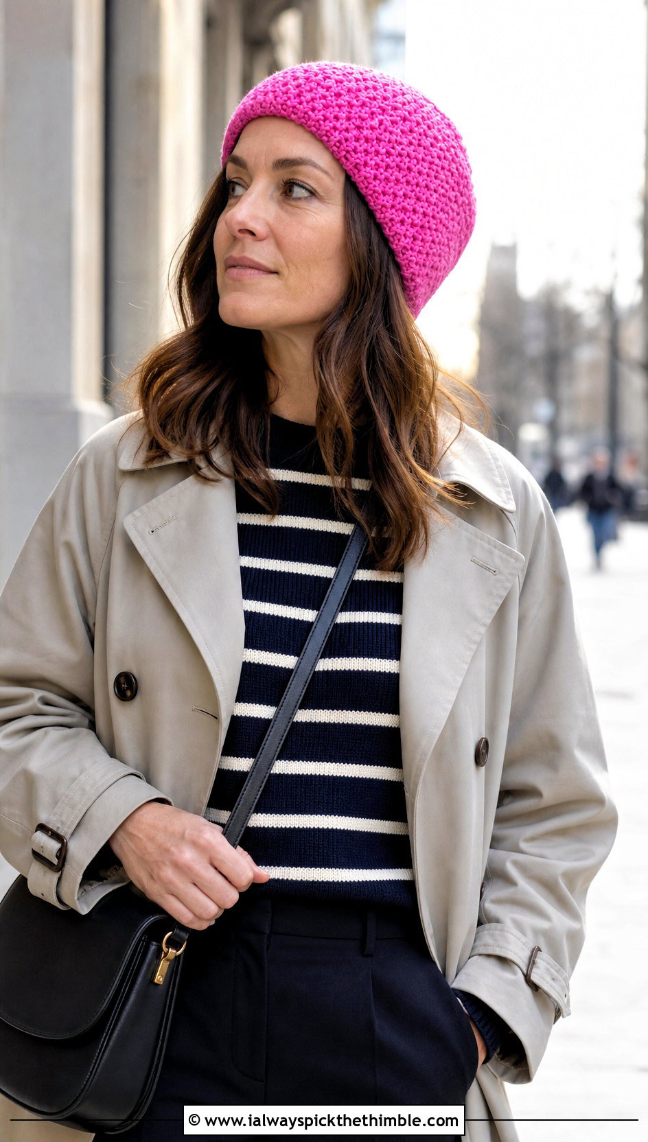 Moss Stitch Crochet Skull Cap With Trench Coat And Loafers - 25 crochet skull cap outfit ideas