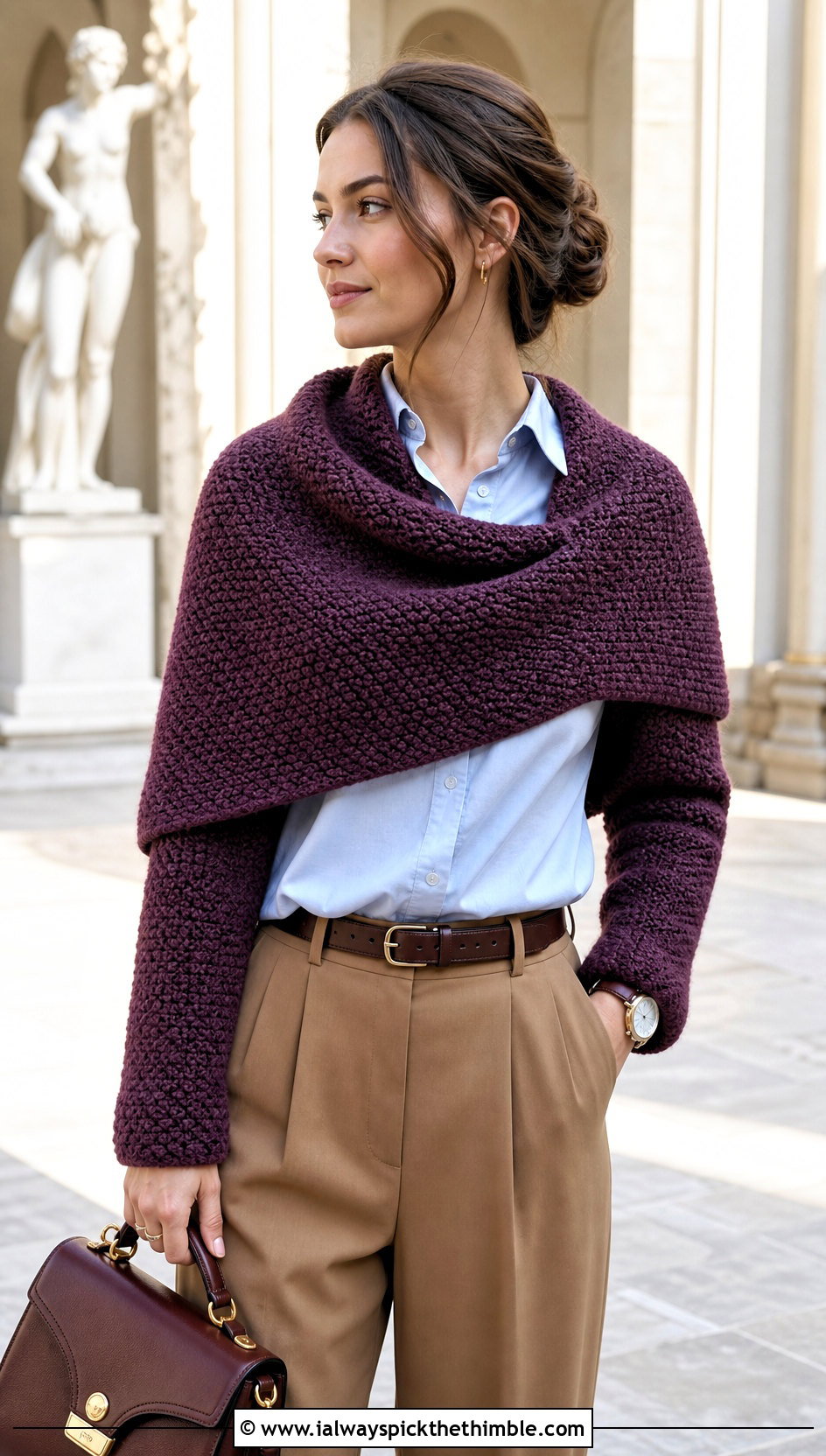 Moss Stitch Crochet Sleeve Scarf With Pleated Trousers - 20 crochet sleeve scarf outfit ideas