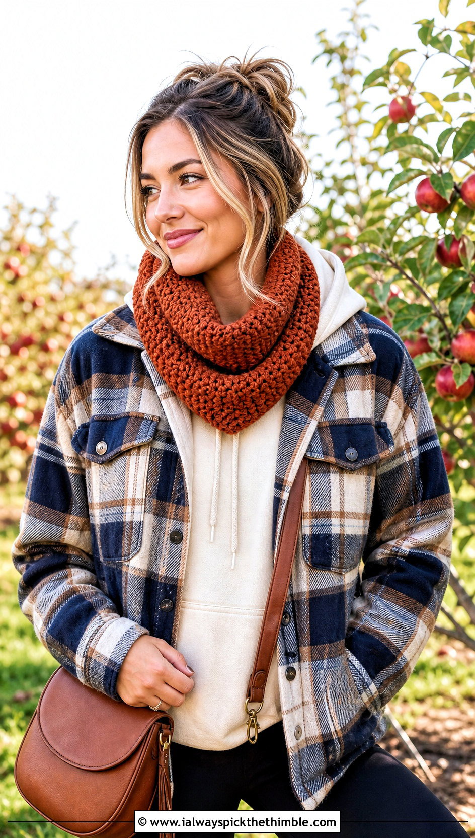 Moss Stitch Crochet Snood Cowl With Shacket - 20 crochet snood cowl outfit ideas