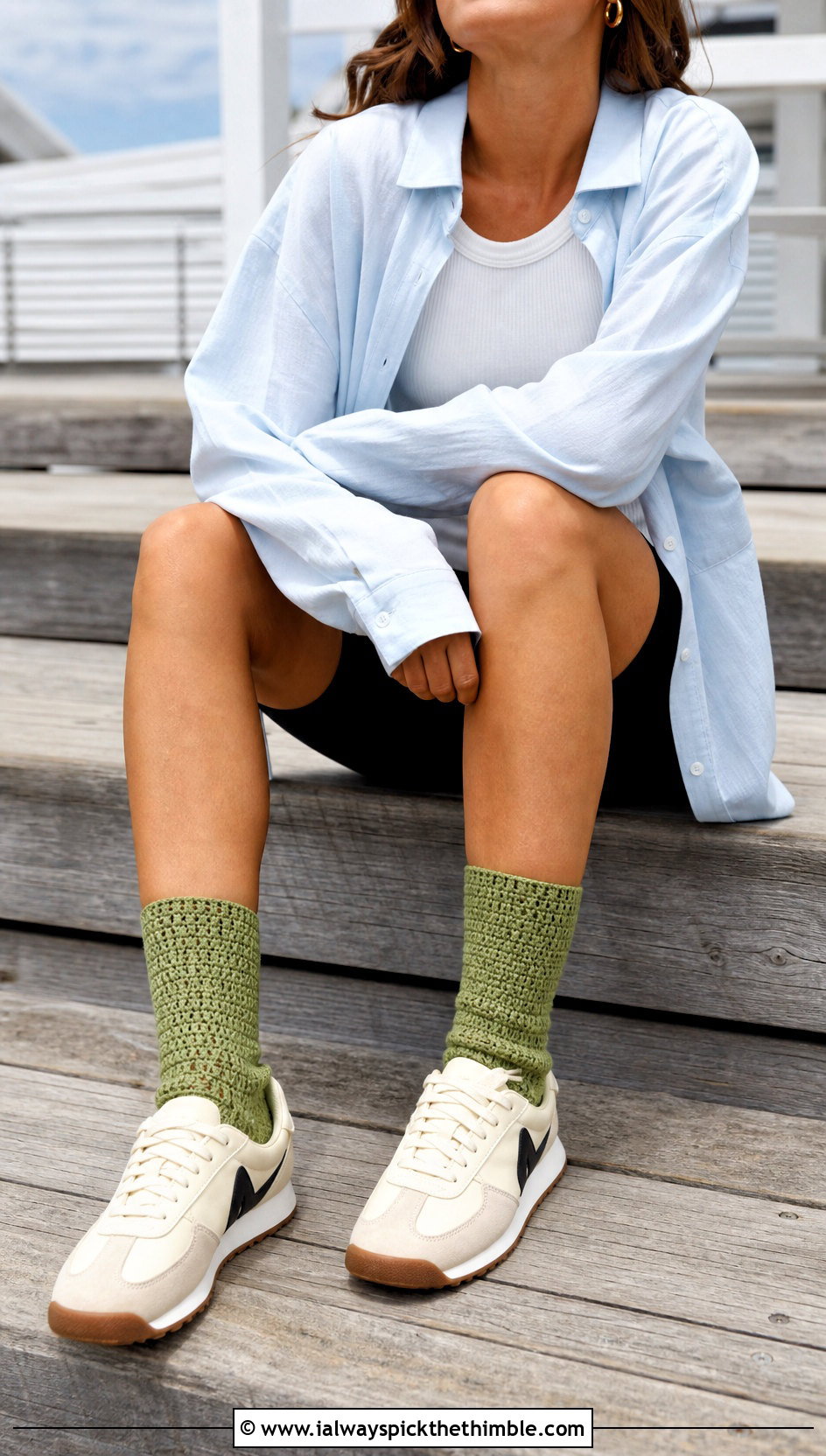 Moss Stitch Crochet Socks With Cycling Shorts And Sneakers - 25 easy crocheted socks outfit ideas