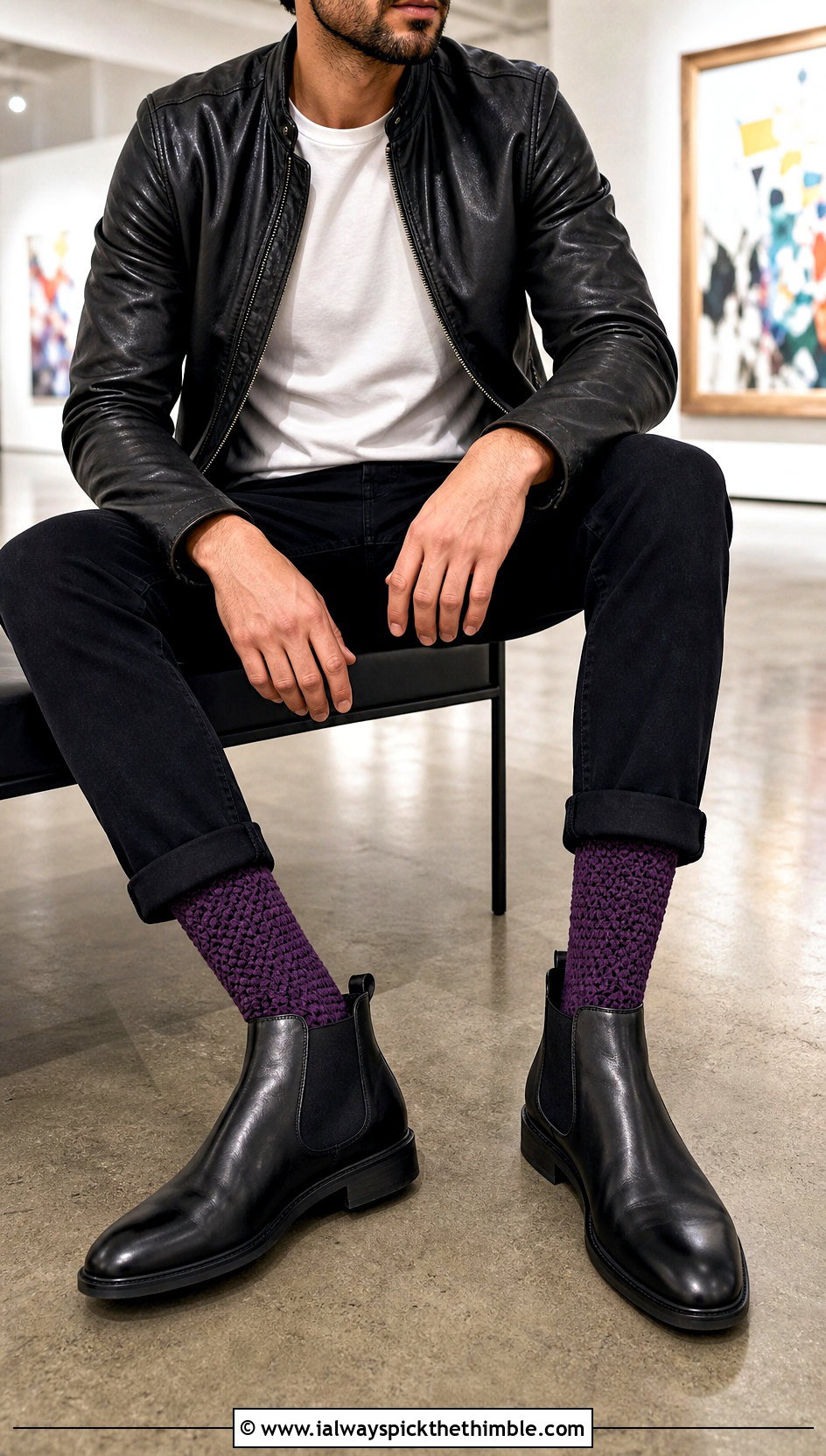 Moss Stitch Crochet Socks With Leather Jacket And Black Jeans - 25 crochet socks for men outfit ideas