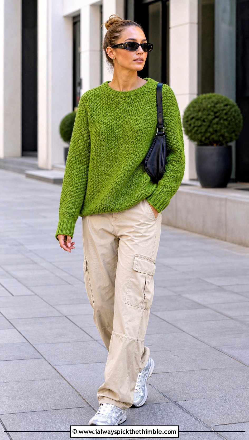 Moss Stitch Crochet Sweater With Cargo Pants - 20 Crochet Textured Sweater outfit ideas