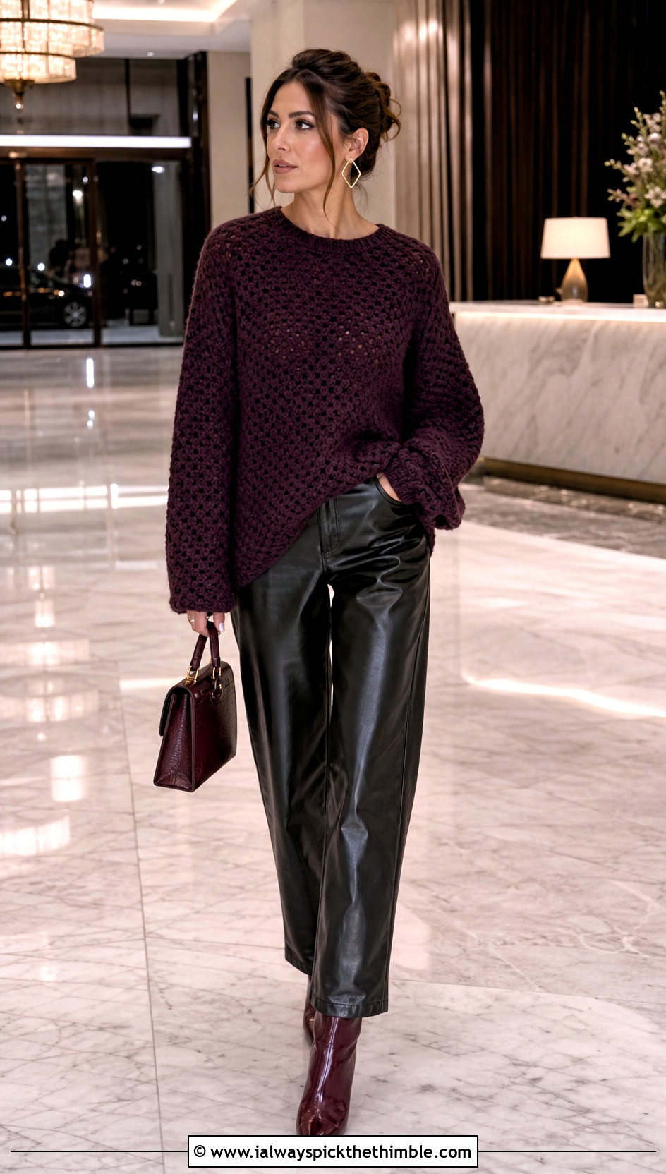 Moss Stitch Crochet Sweater With Leather Pants - 25 oversized crochet sweater outfit ideas