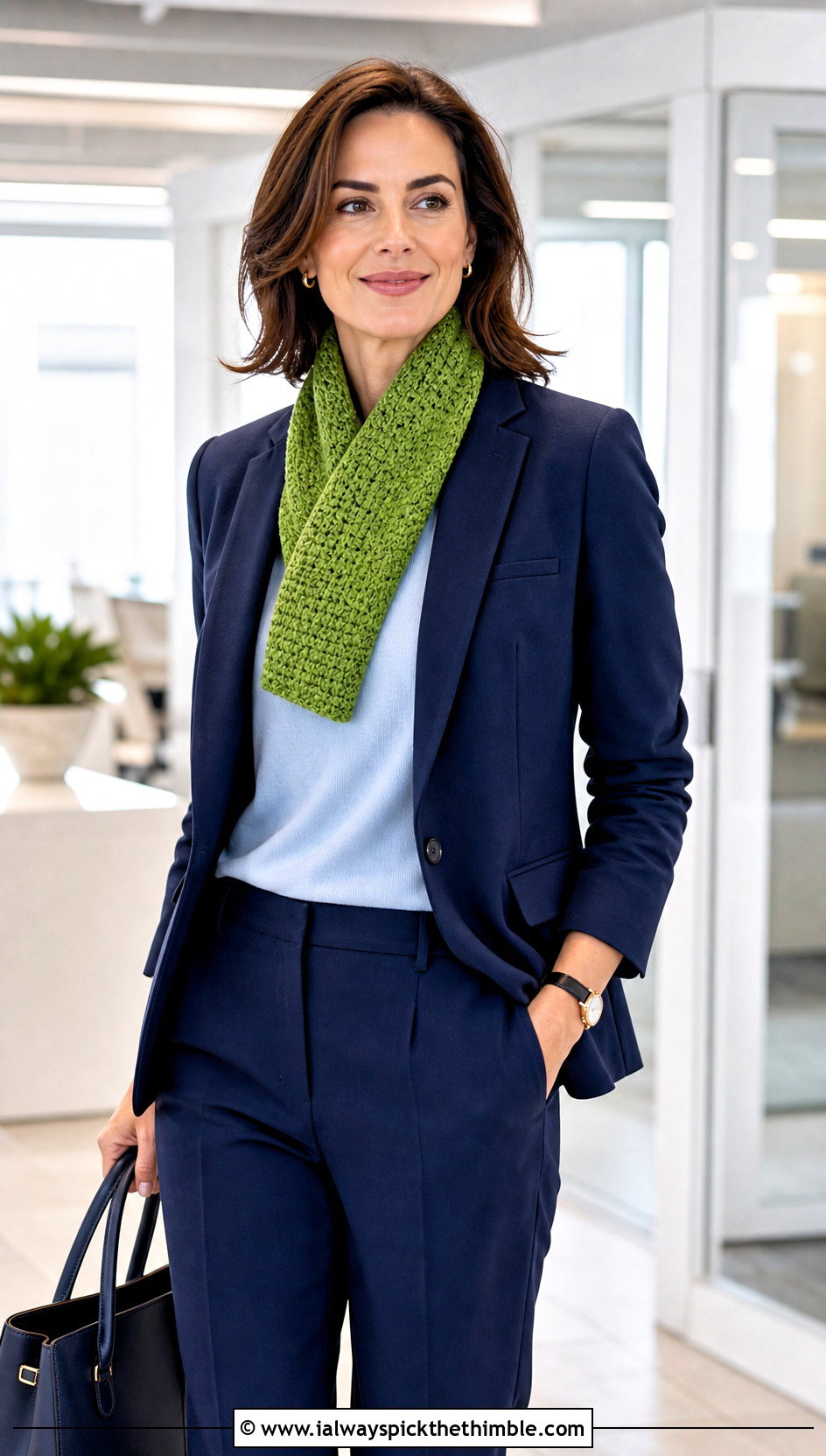 Moss Stitch Crochet Textured Scarf With Blazer And Trousers - 20 Crochet Textured Scarf outfit ideas