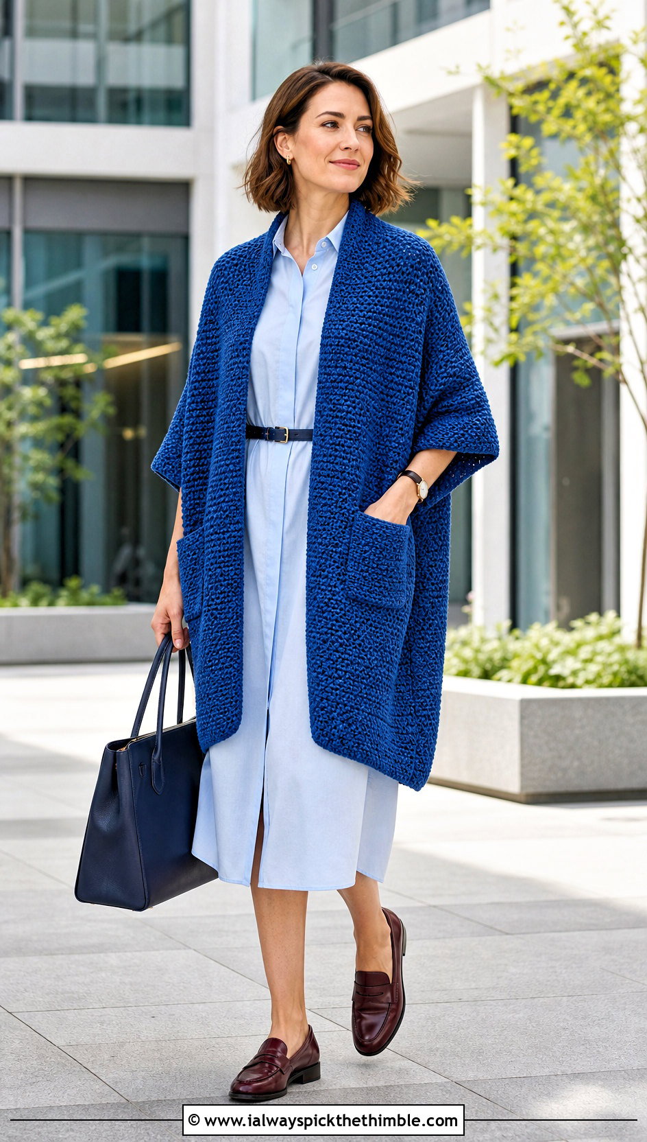 Moss Stitch Crochet Wrap With Shirt Dress - 25 crochet wrap with pockets outfit ideas
