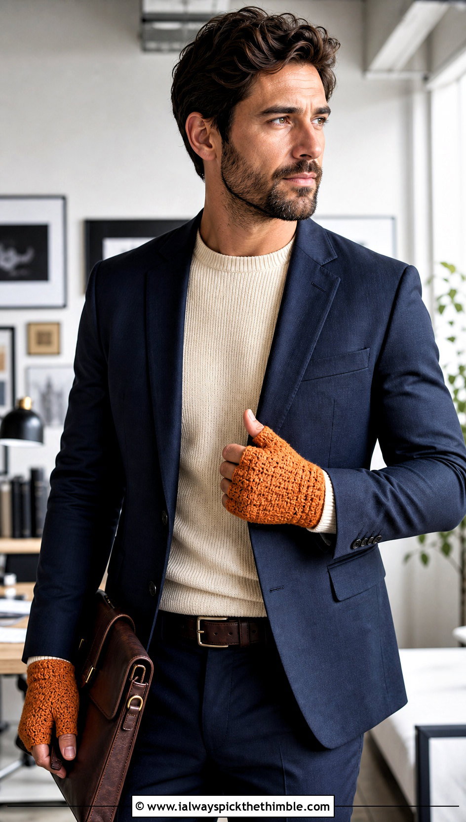 Moss Stitch Crochet Wrist Warmers With Office Suit - 25 crochet gloves for men outfit ideas