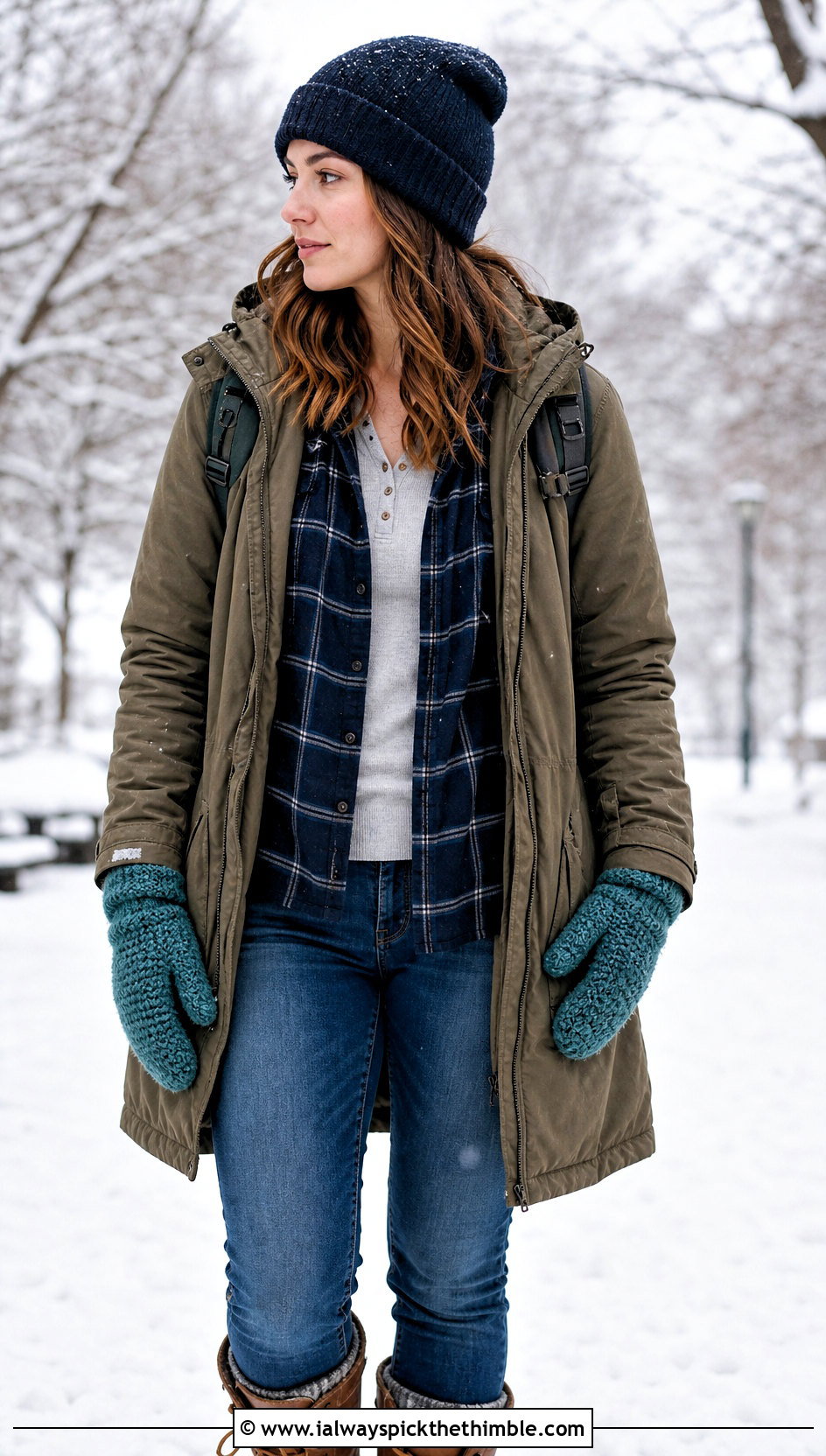 Moss Stitch Crocheted Mittens With Parka - 20 Crocheted Mittens outfit ideas