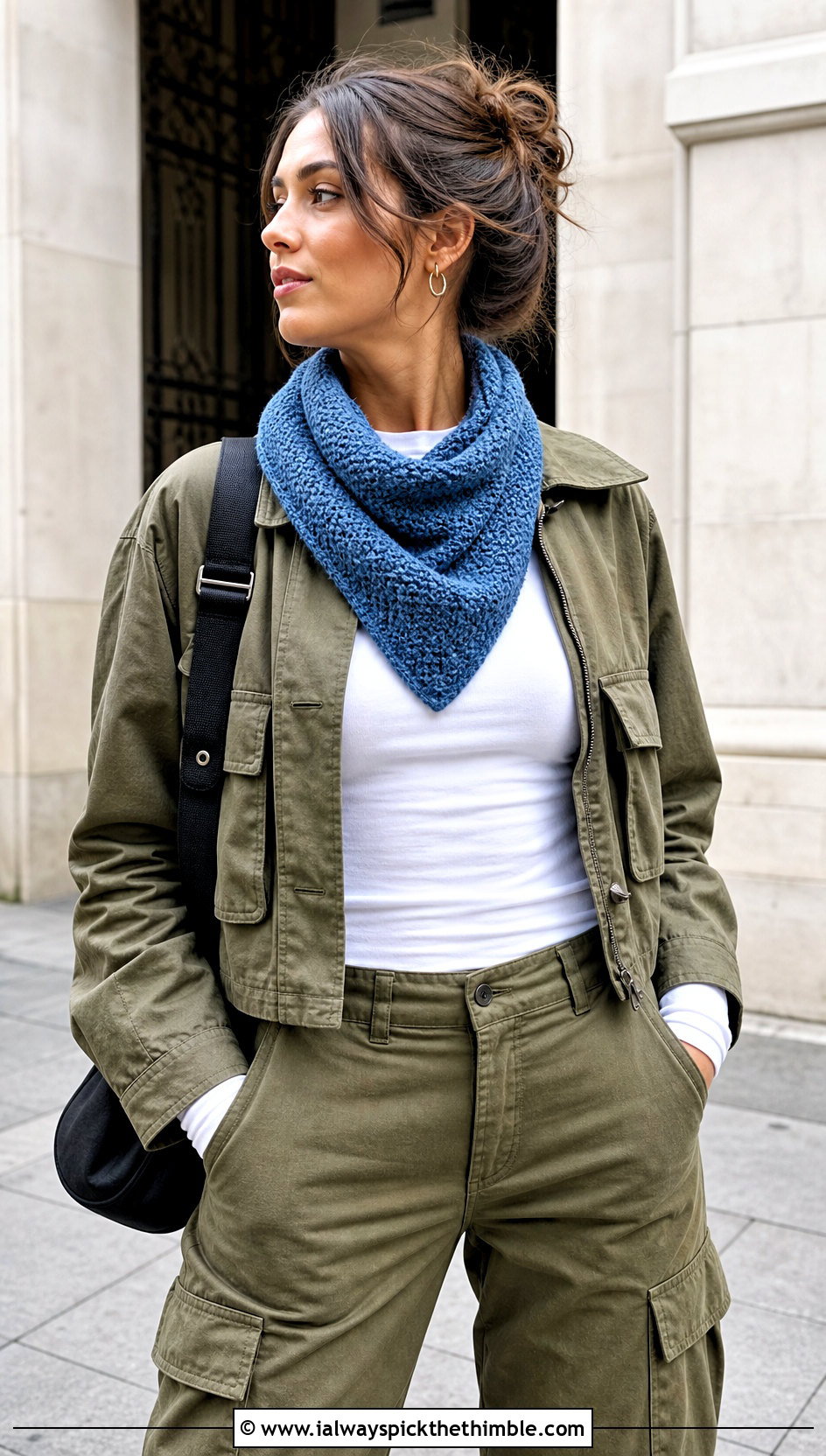 Moss Stitch Crocheted Triangle Scarf With Utility Jacket And Cargo Pants - 20 Crocheted Triangle Scarf outfit ideas