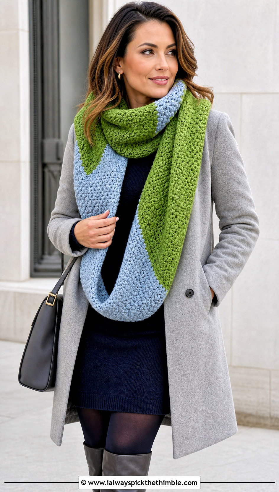 Moss Stitch Double Length Crochet Cowl With Sweater Dress - 15 Double Length Crochet Cowl outfit ideas