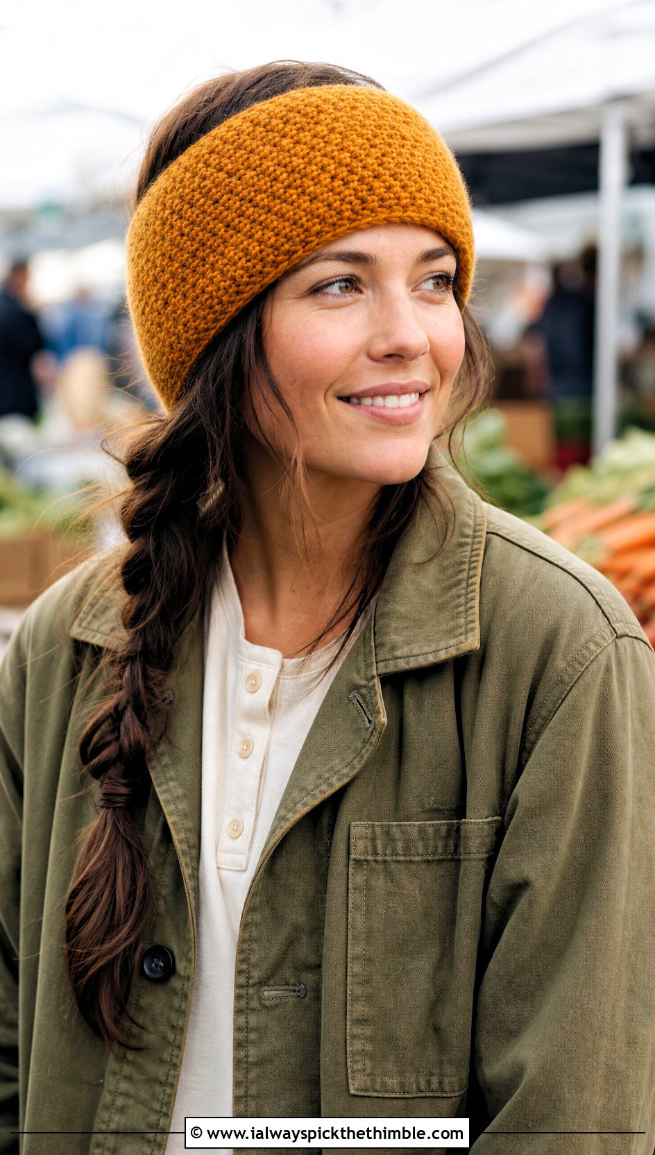 Moss Stitch Ear Warmer With Chore Jacket - 20 Easy Crocheted Headbands Ear Warmers outfit ideas