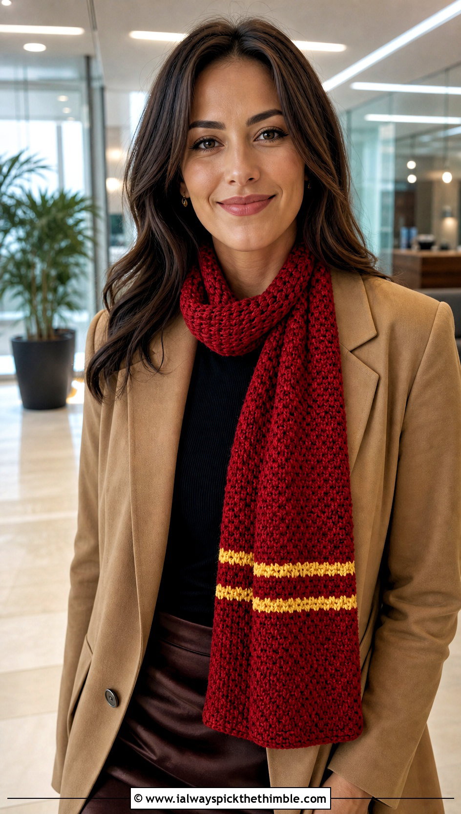 Moss Stitch Gryffindor Crochet Scarf With Camel Blazer - 20 gryffindor crochet scarf outfit ideas