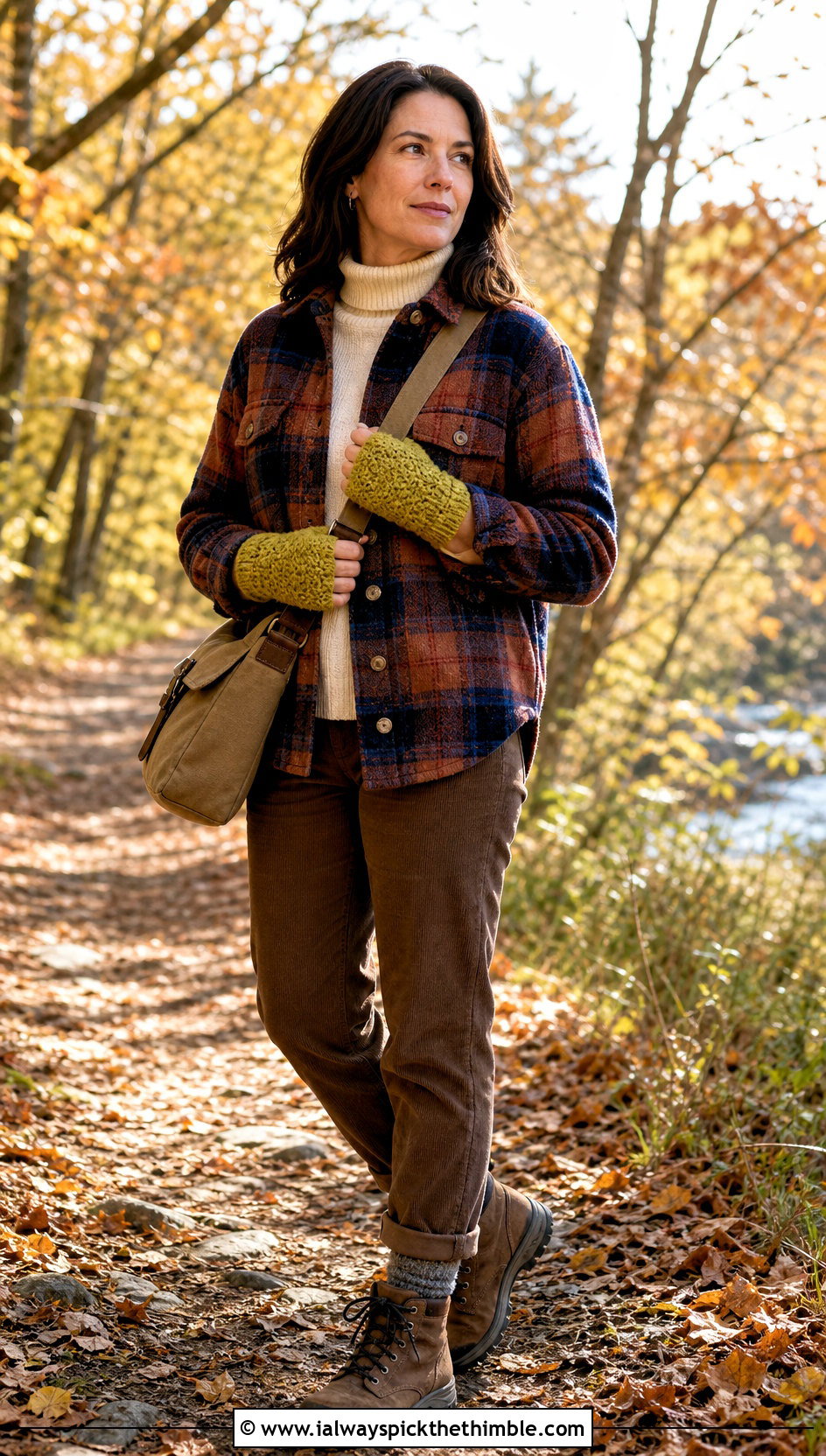 Moss Stitch Handwarmers With Shacket And Corduroy Pants - 25 crochet handwarmers outfit ideas
