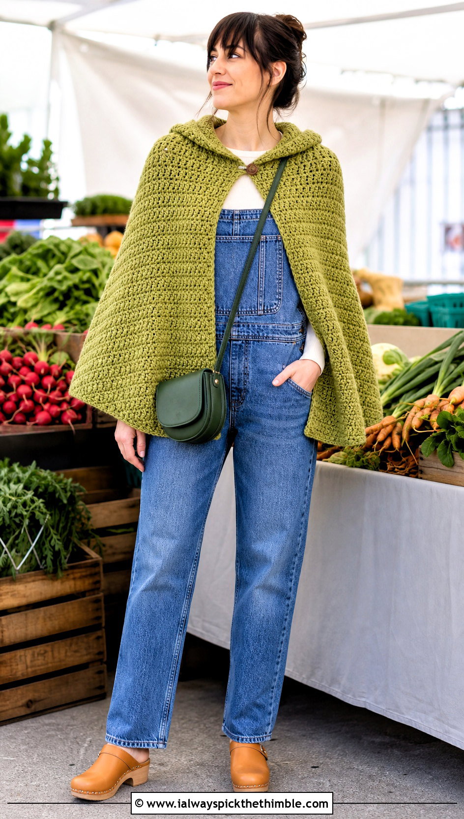 Moss Stitch Hooded Crochet Cape With Denim Overalls - 20 Hooded Crochet Cape outfit ideas