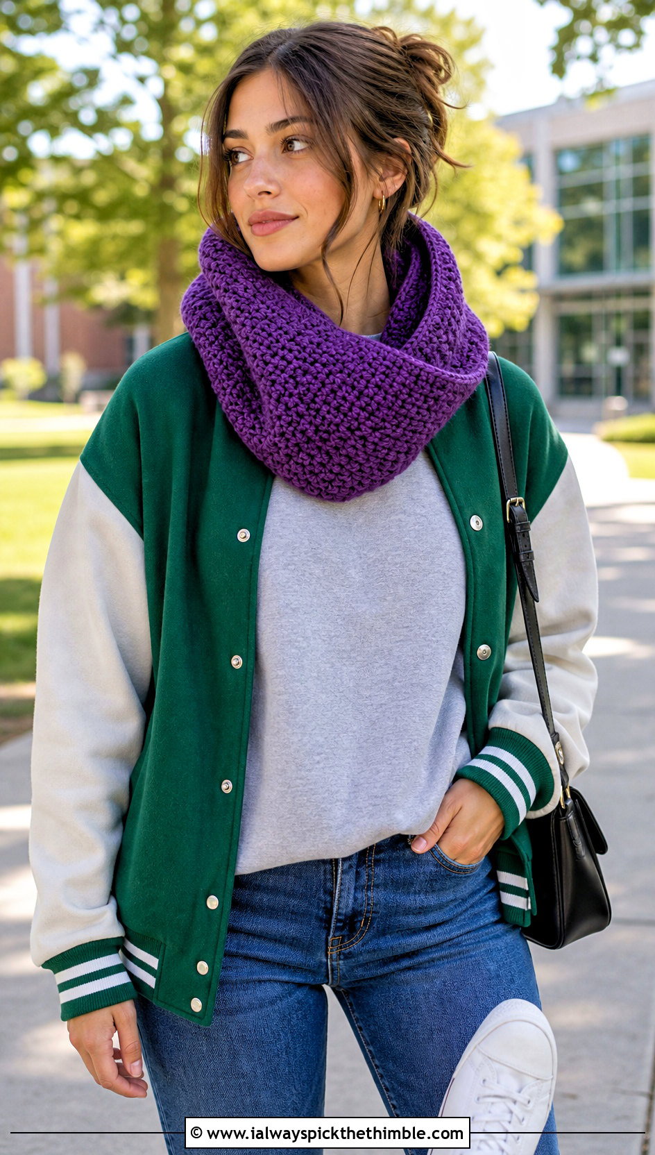 Moss Stitch Hooded Crochet Cowl Snood With Varsity Jacket - 20 hooded crochet cowl snood outfit ideas
