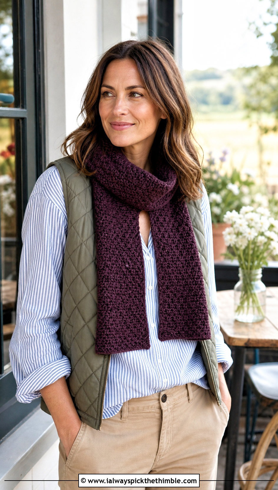 Moss Stitch Keyhole Crochet Scarf With Quilted Vest - 20 Keyhole Crochet Scarf outfit ideas