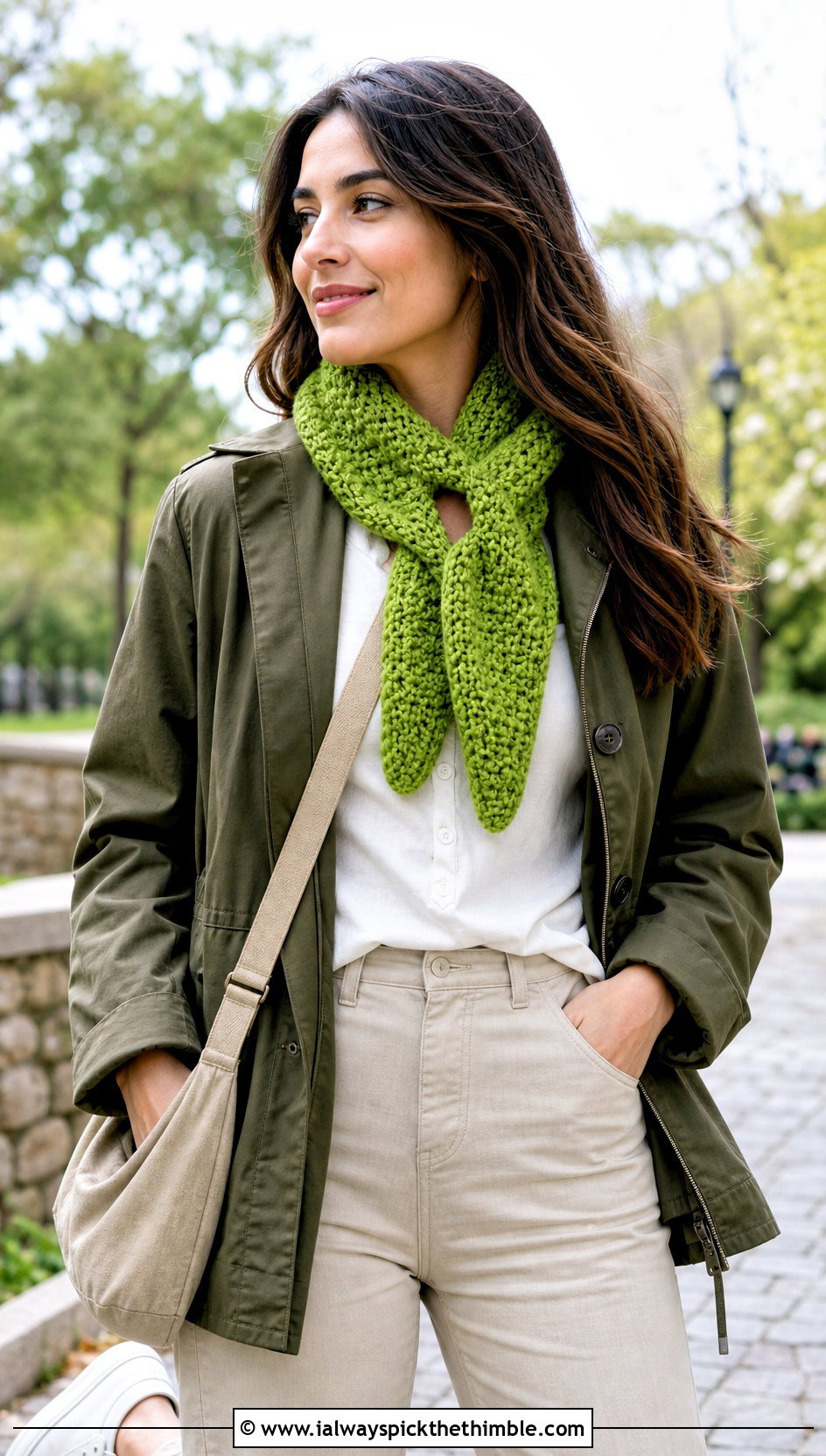 Moss Stitch Keyhole Crochet Scarf With Utility Jacket - 15 Key Hole Crochet Scarf outfit ideas