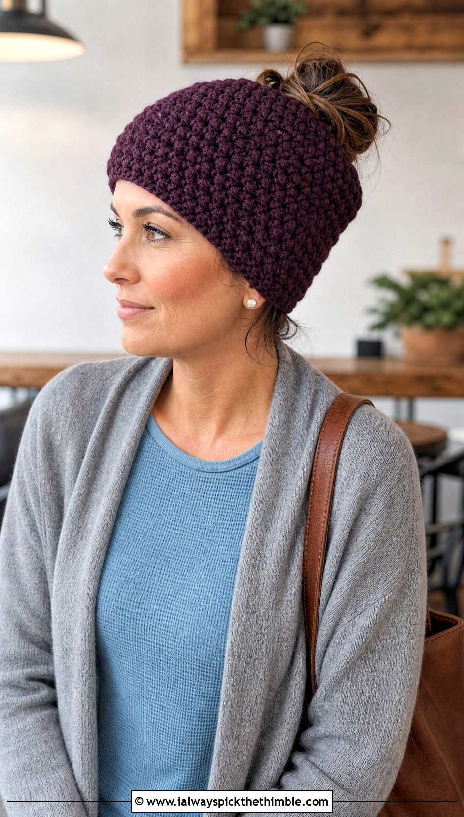 Moss Stitch Messy Bun Crochet Hat With Long Cardigan - 20 Easy Messy Bun Crochet Hat outfit ideas