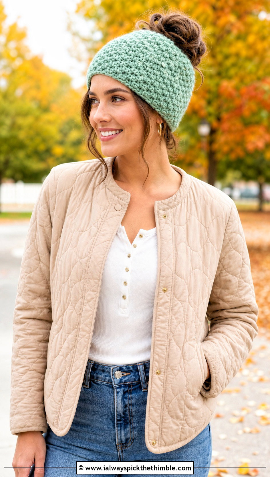Moss Stitch Messy Bun Crochet Hat With Quilted Jacket - 25 crochet messy bun hat outfit ideas