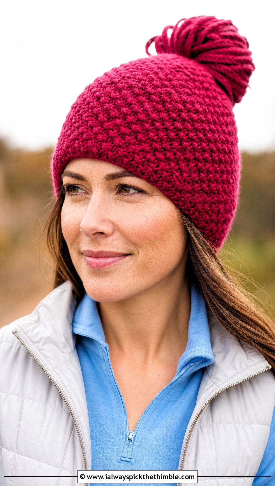 Moss Stitch Messy Bun Crochet Hat With Quilted Vest - 20 Messy Bun Crochet Hat outfit ideas