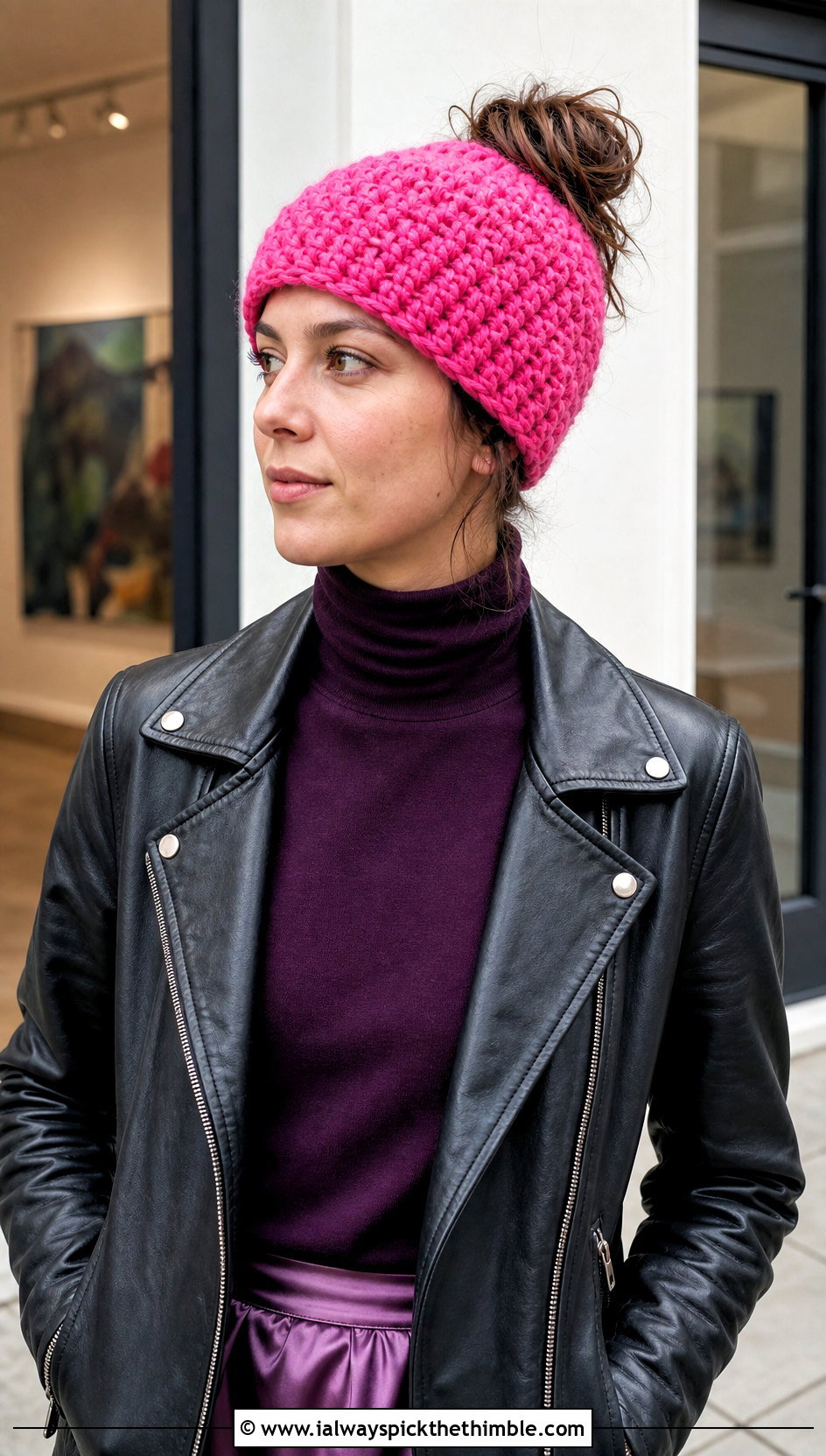 Moss Stitch Messy Bun Hat With Leather Jacket And Midi Skirt - 25 crochet bun hat outfit ideas