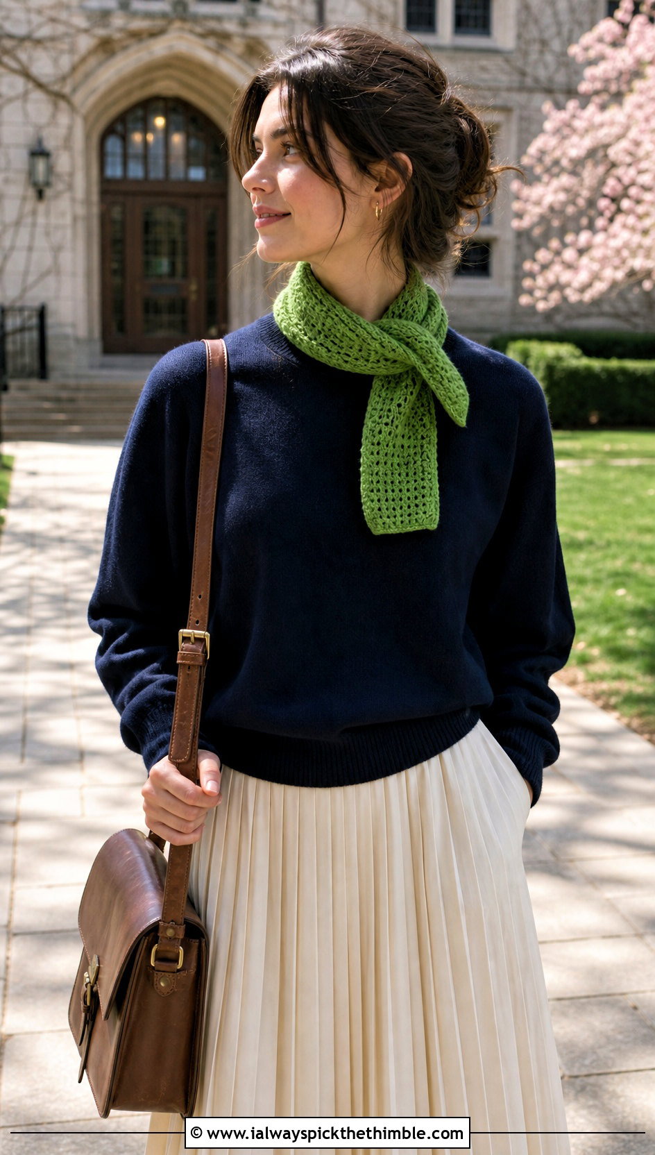 Moss Stitch Mini Crochet Scarf With Sweater And Pleated Skirt - 20 mini crochet scarf outfit ideas