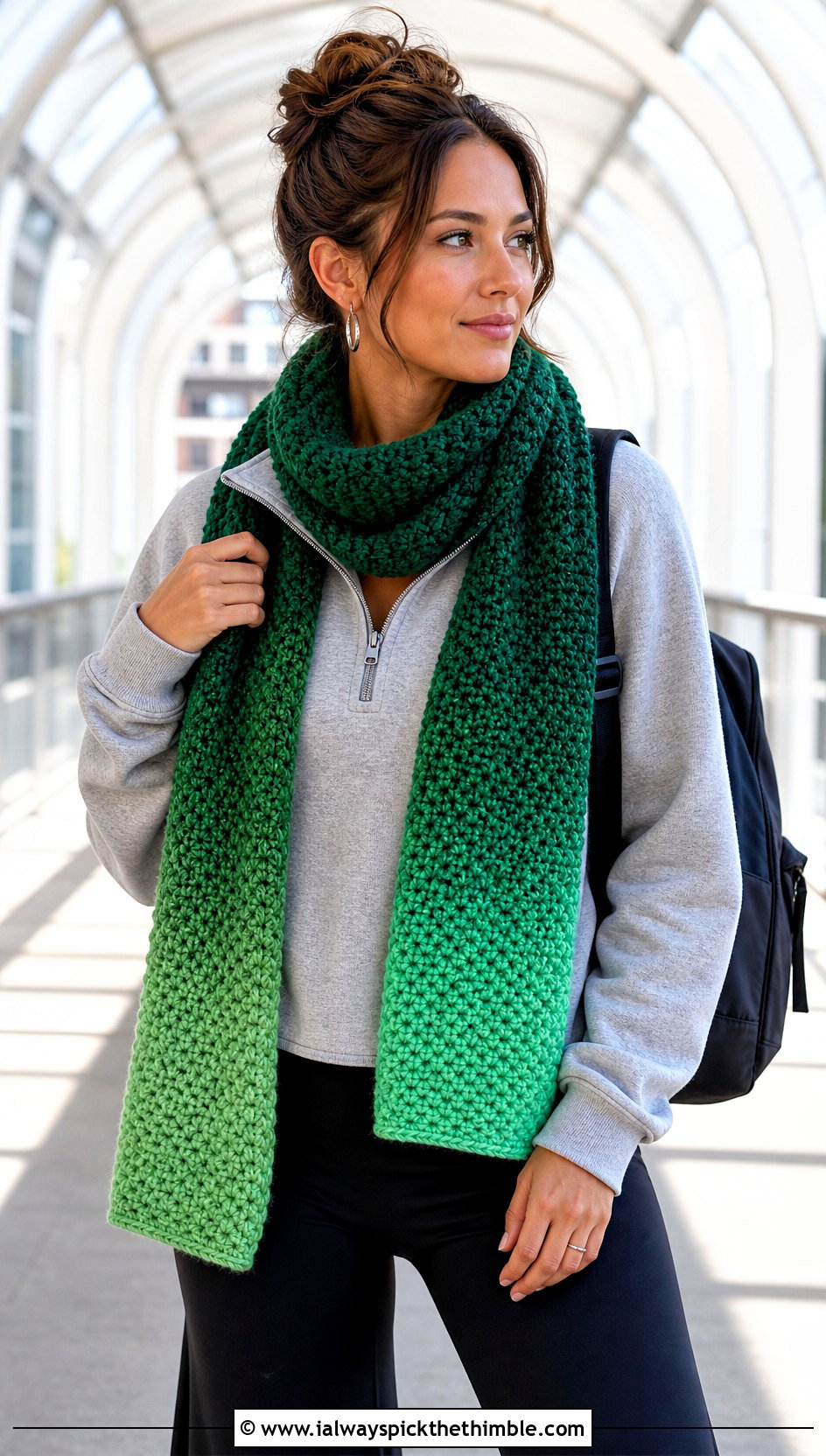 Moss Stitch Ombre Crochet Scarf With Half Zip Sweatshirt - 20 Ombre Crochet Scarf outfit ideas