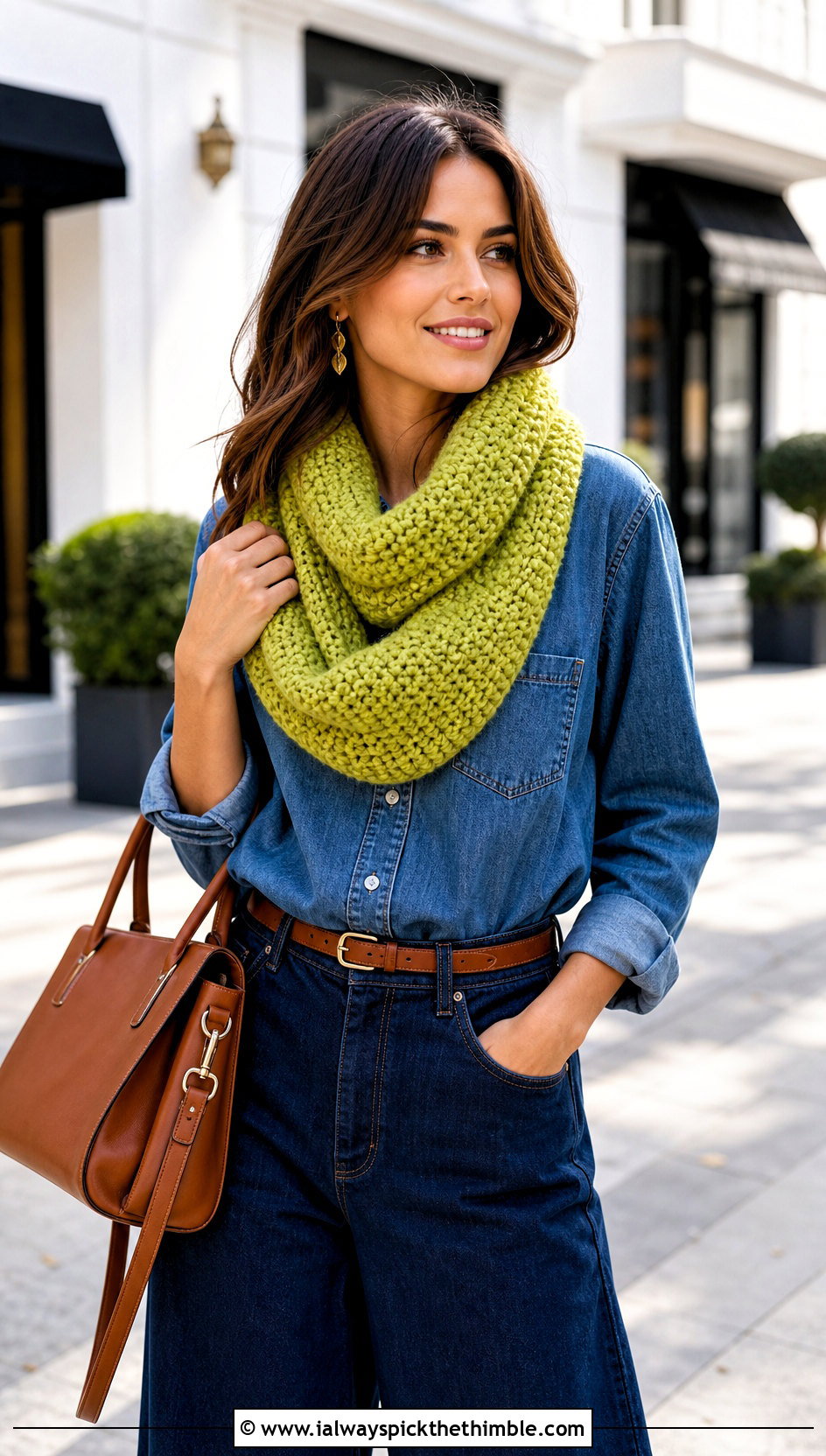 Moss Stitch Oversized Crochet Infinity Scarf With Denim Shirt - 15 Oversized Crochet Infinity Scarf outfit ideas