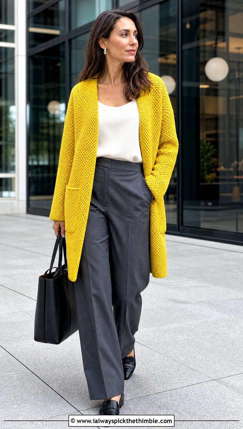 Moss Stitch Pocket Crochet Coat With Tailored Trousers - 15 beginner crochet coat outfit ideas