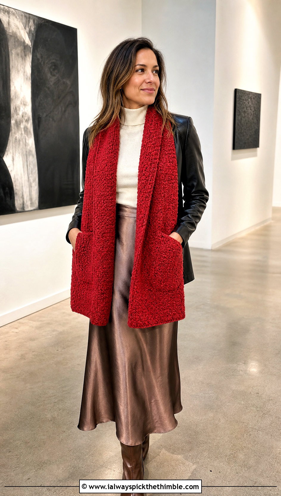 Moss Stitch Pocket Scarf With Leather Jacket - 20 crochet pocket scarves outfit ideas