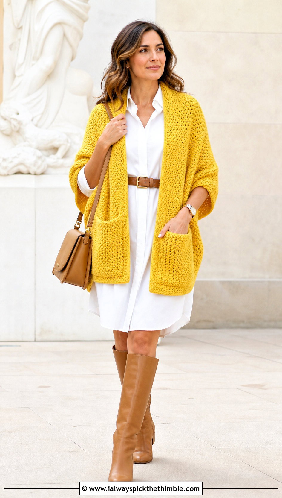 Moss Stitch Pocket Shawl With Shirt Dress - 20 Easy Crochet Shawl With Pockets outfit ideas