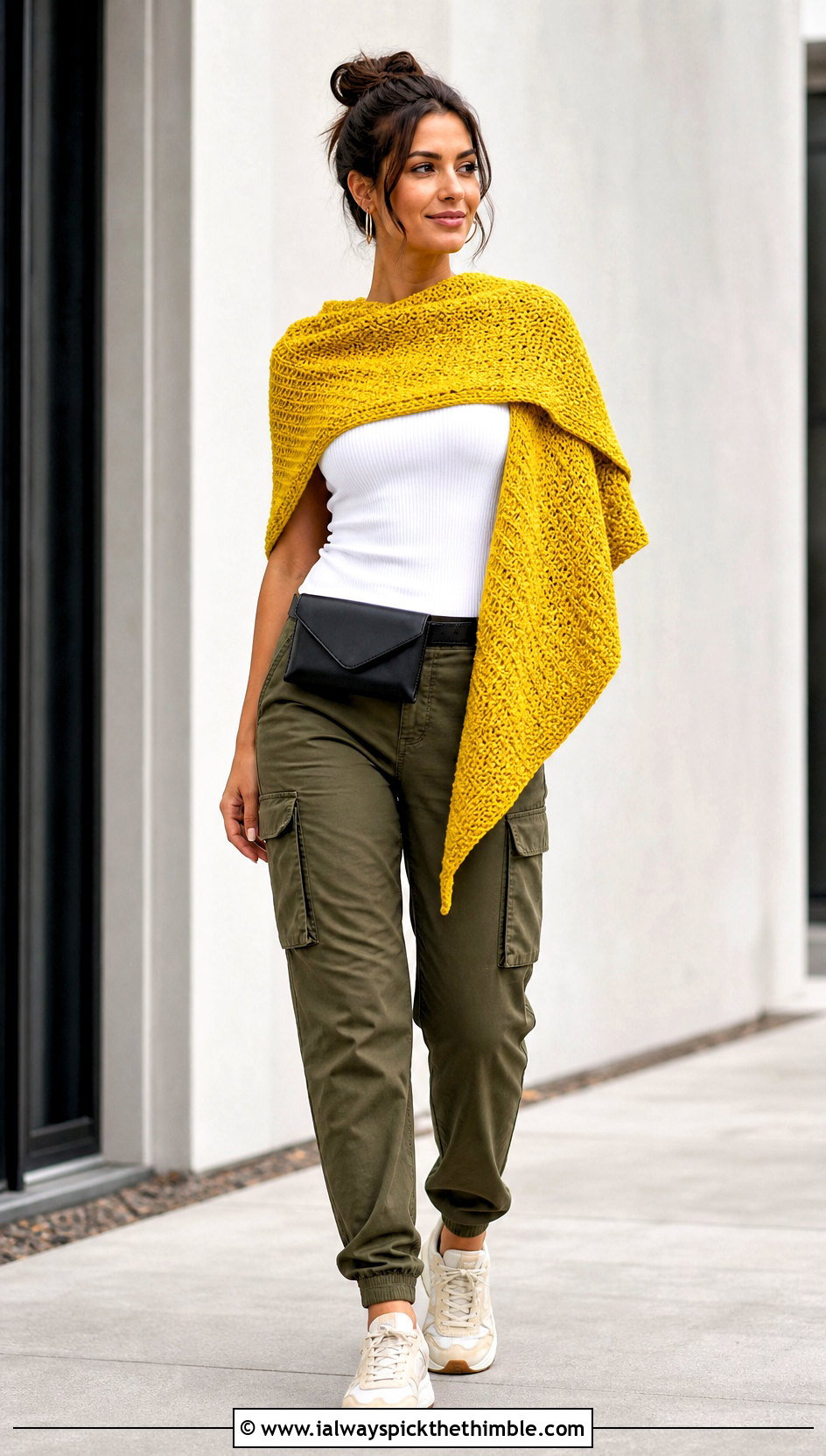 Moss Stitch Rectangle Crochet Shawl With Cargo Pants - 20 Easy Rectangle Crochet Shawl outfit ideas