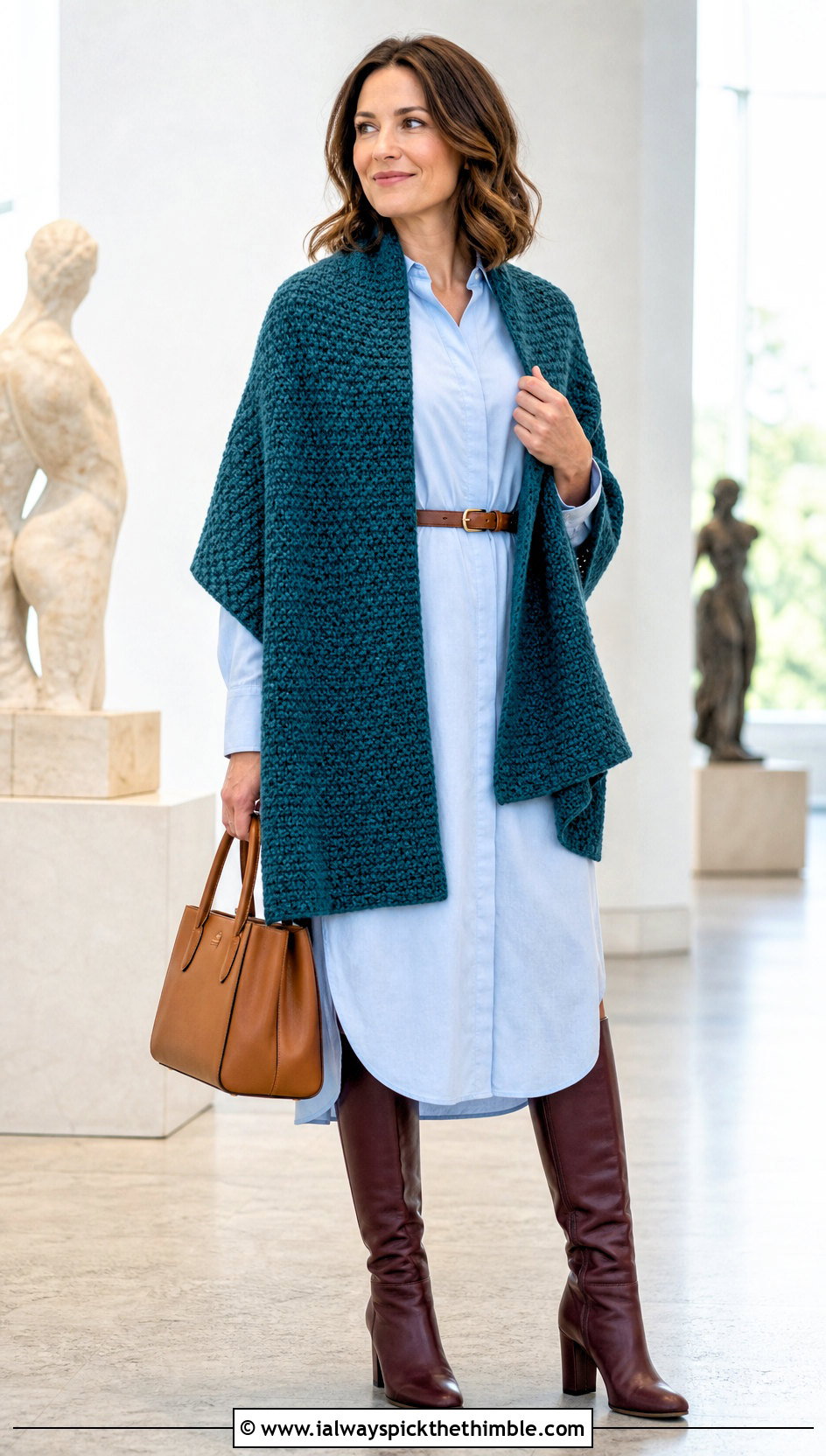 Moss Stitch Rectangle Crochet Shawl With Shirt Dress - 25 Crochet Rectangle Shawl outfit ideas