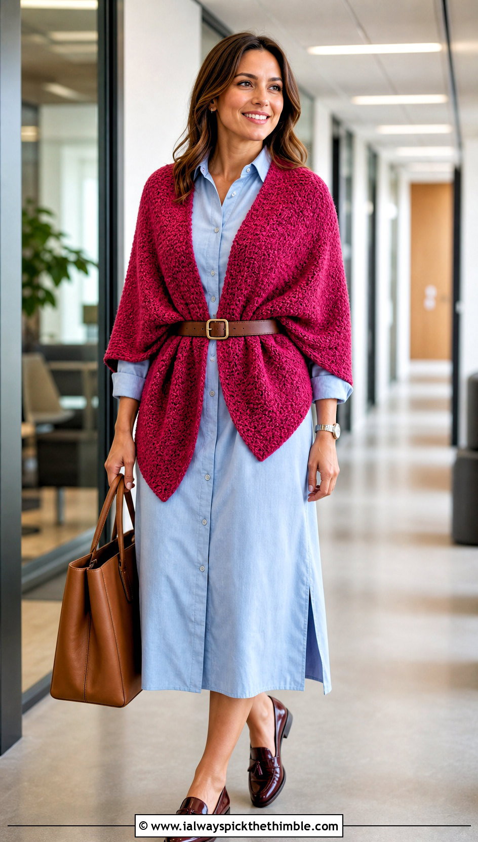 Moss Stitch Rectangle Crochet Shawl With Shirt Dress - 20 Easy Crochet Rectangle Shawl outfit ideas