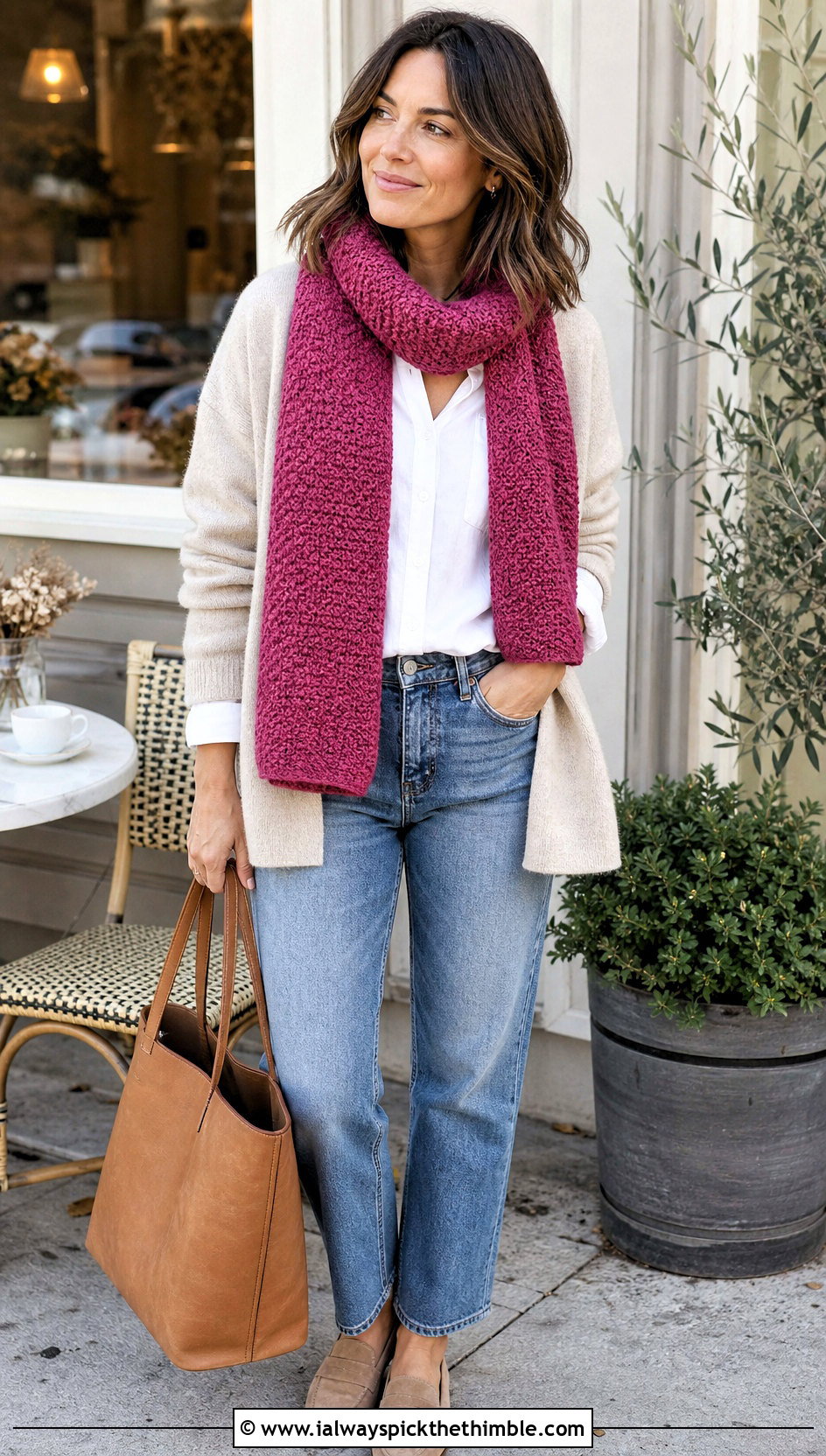 Moss Stitch Roll Up Scarf With Cardigan And Straight Jeans - 20 Crochet Roll Up Scarf outfit ideas