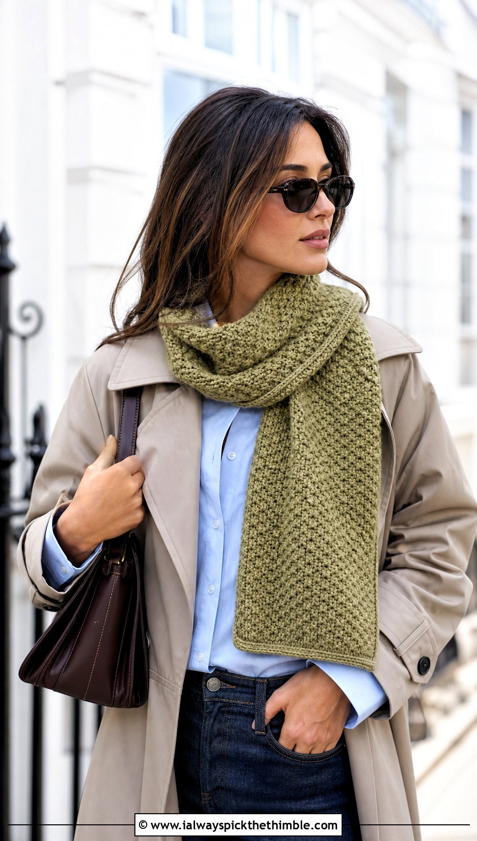 Moss Stitch Sampler Scarf With Trench Coat - 20 Crochet Stitch Sampler Scarf outfit ideas