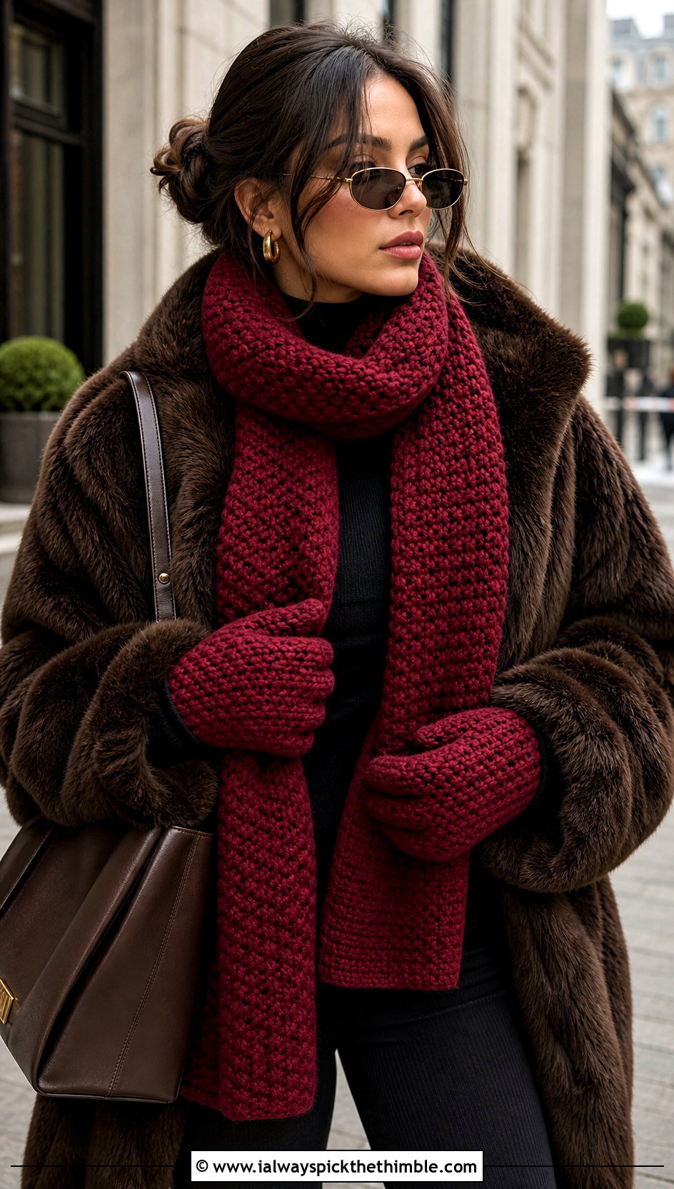 Moss Stitch Scarf And Mittens With Faux Fur Coat - 15 Crochet Scarf And Mittens Set outfit ideas