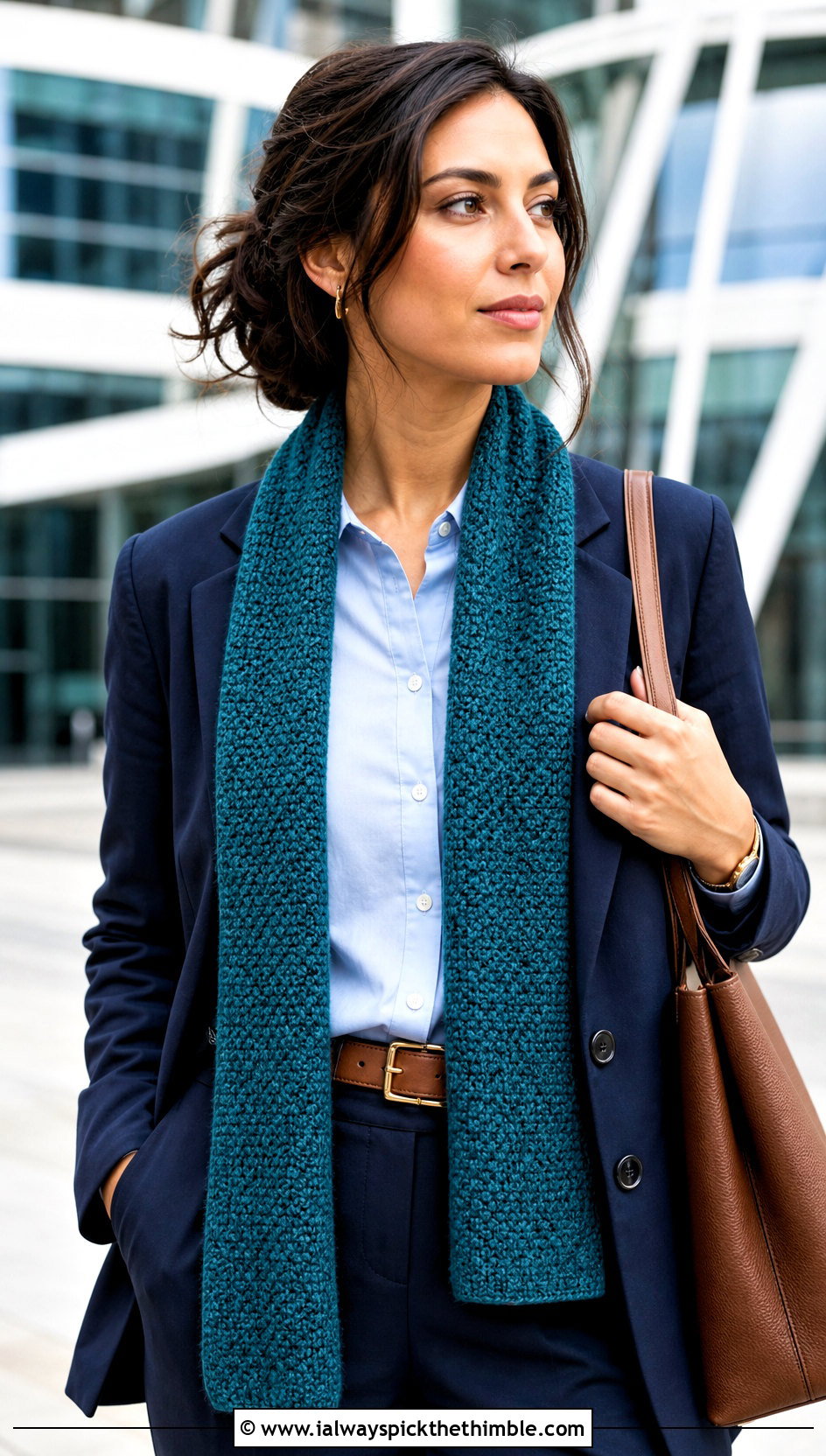 Moss Stitch Scarf With Blazer And Trousers - 20 Beginner Crochet Projects Scarf outfit ideas