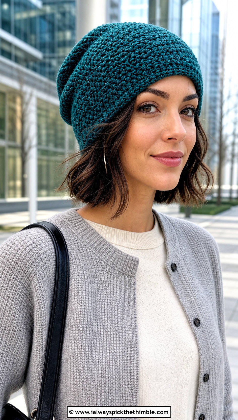 Moss Stitch Slouchy Hat With Cardigan And Tailored Pants - 20 crochet stitch hat outfit ideas